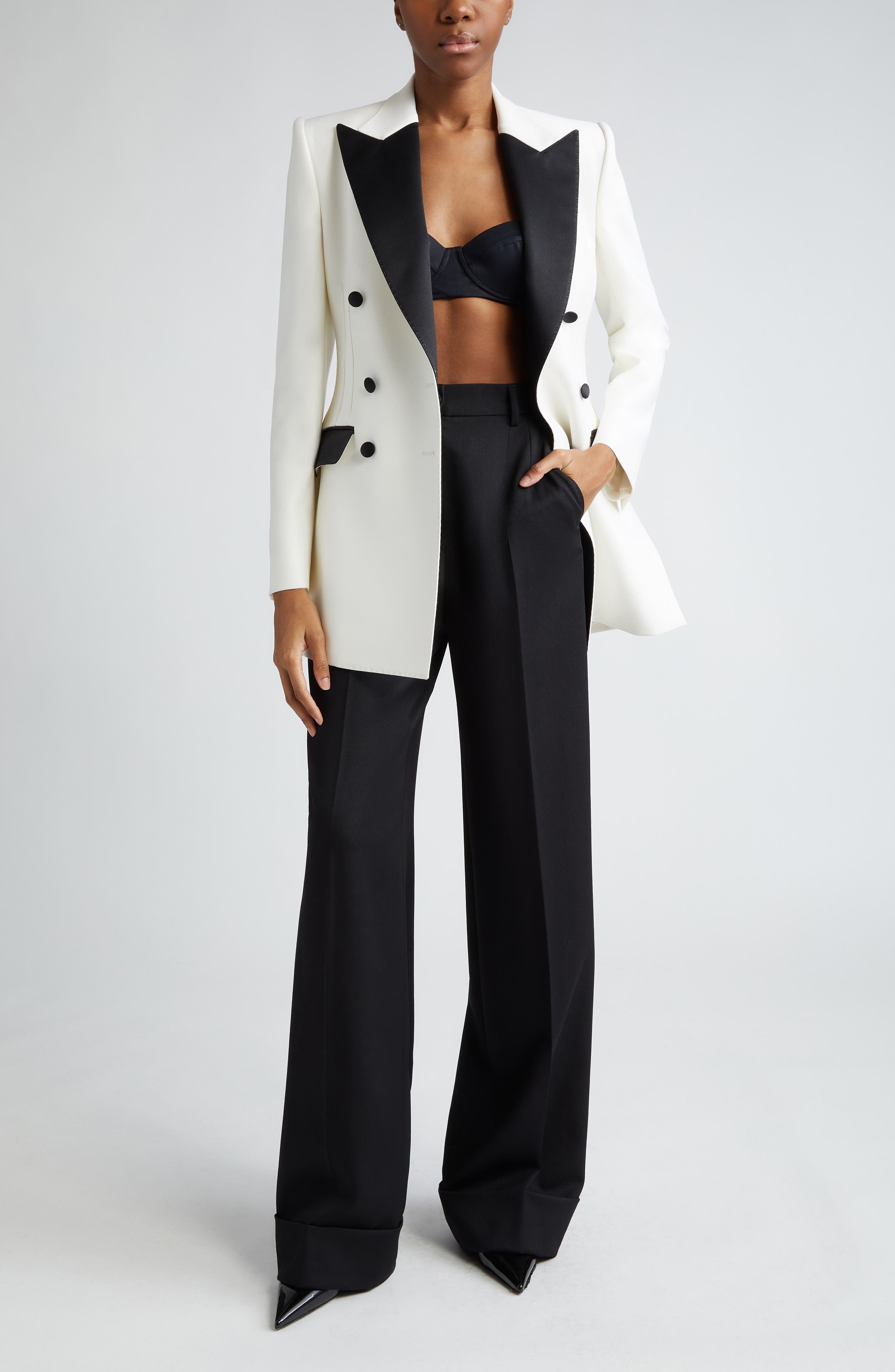 Contrast Detail Double Breasted Wool Blend Blazer - 2