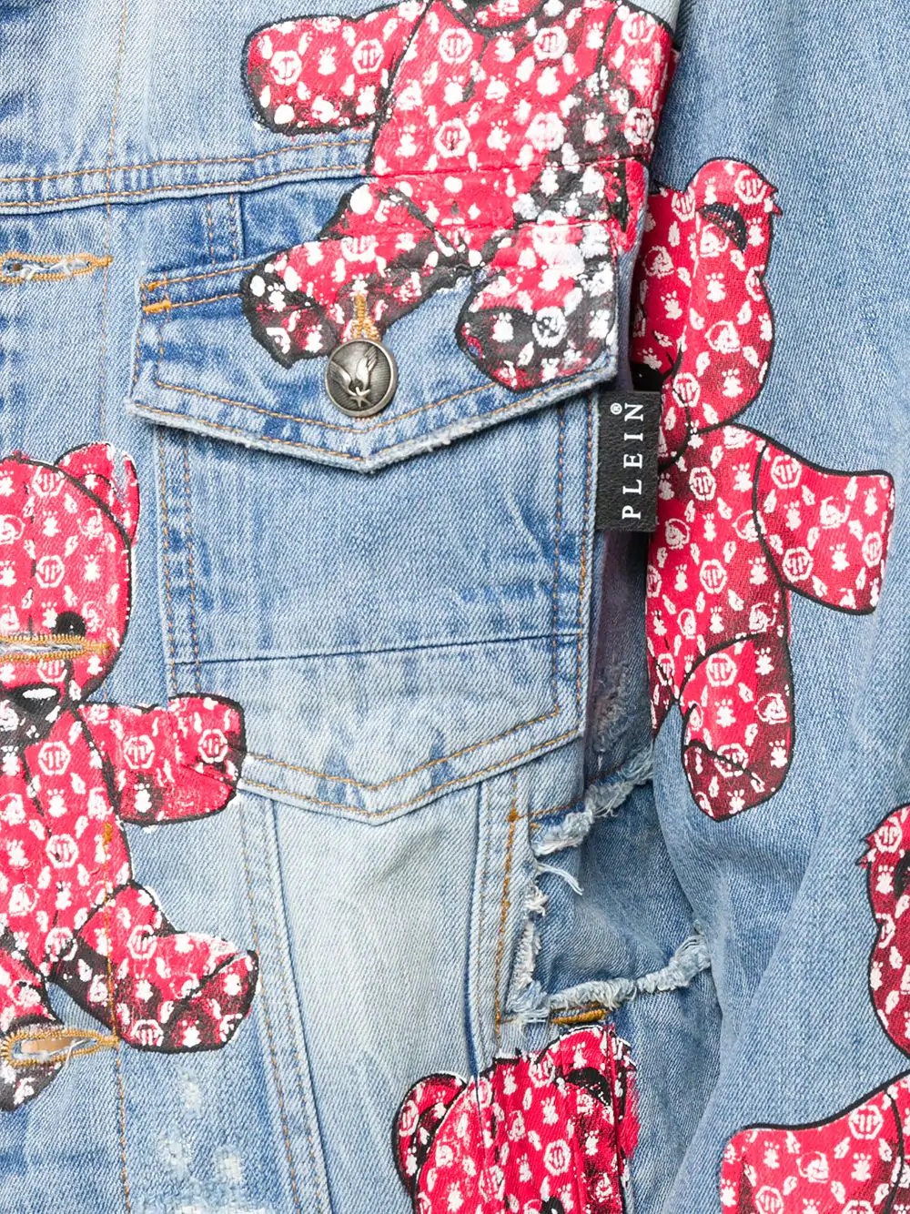 teddy bear print denim jacket  - 5