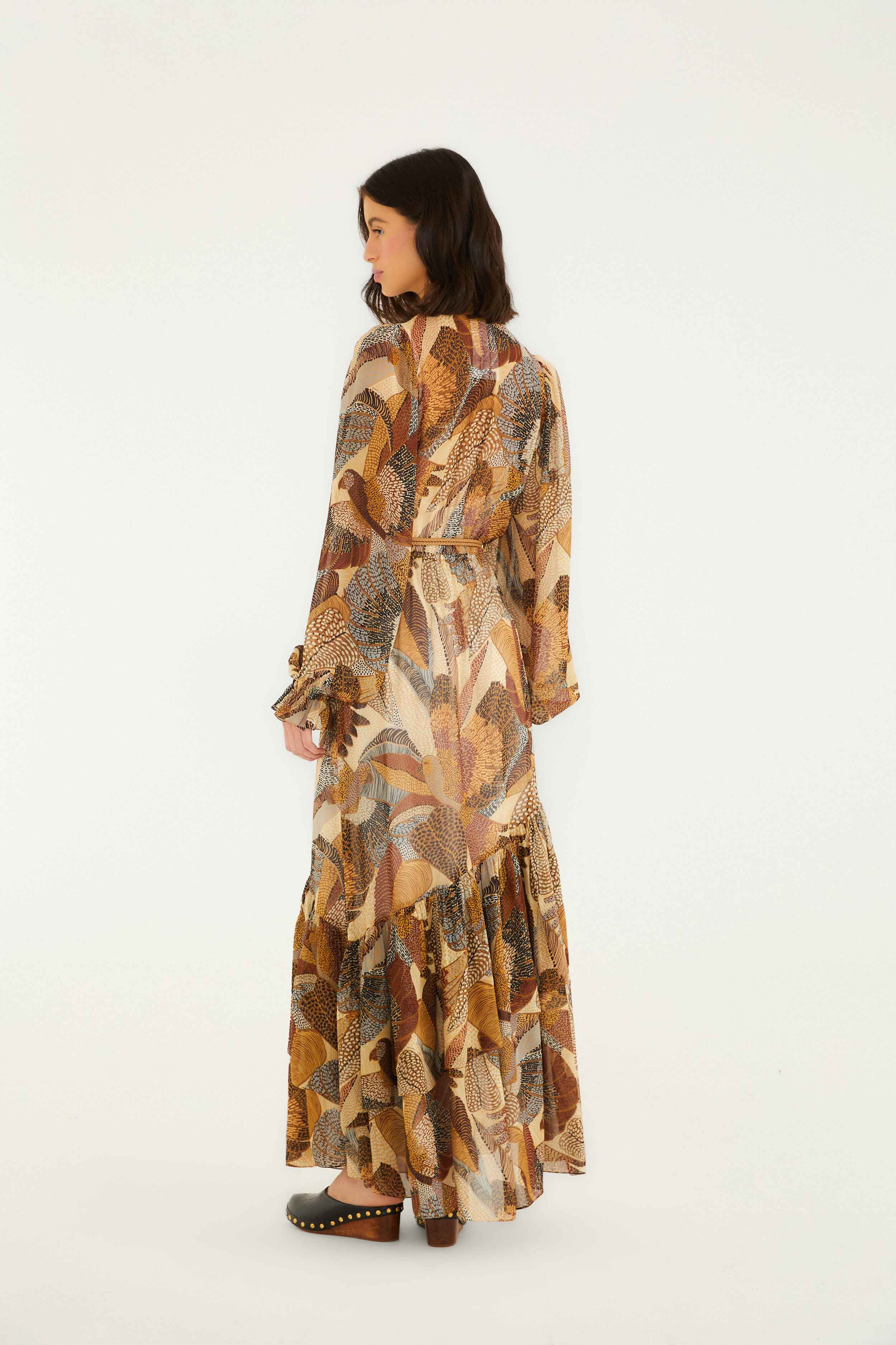 Cream Dotted Macaws Long Sleeve Maxi Dress - 4
