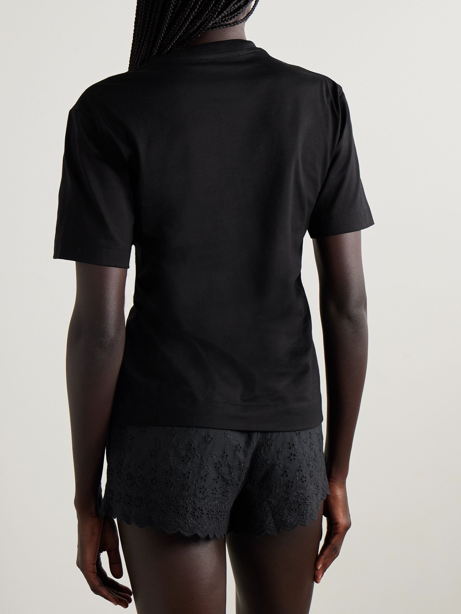 Appliquéd satin jacquard-trimmed cotton-jersey T-shirt Black - 3