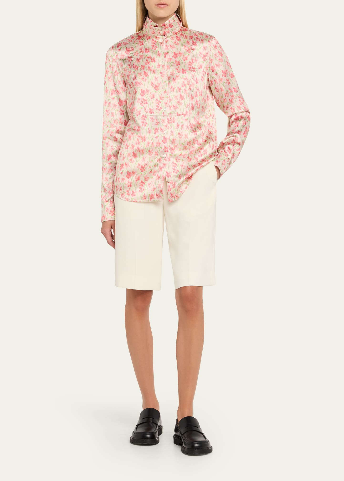 Floral Print Satin Button-Down Overshirt - 2