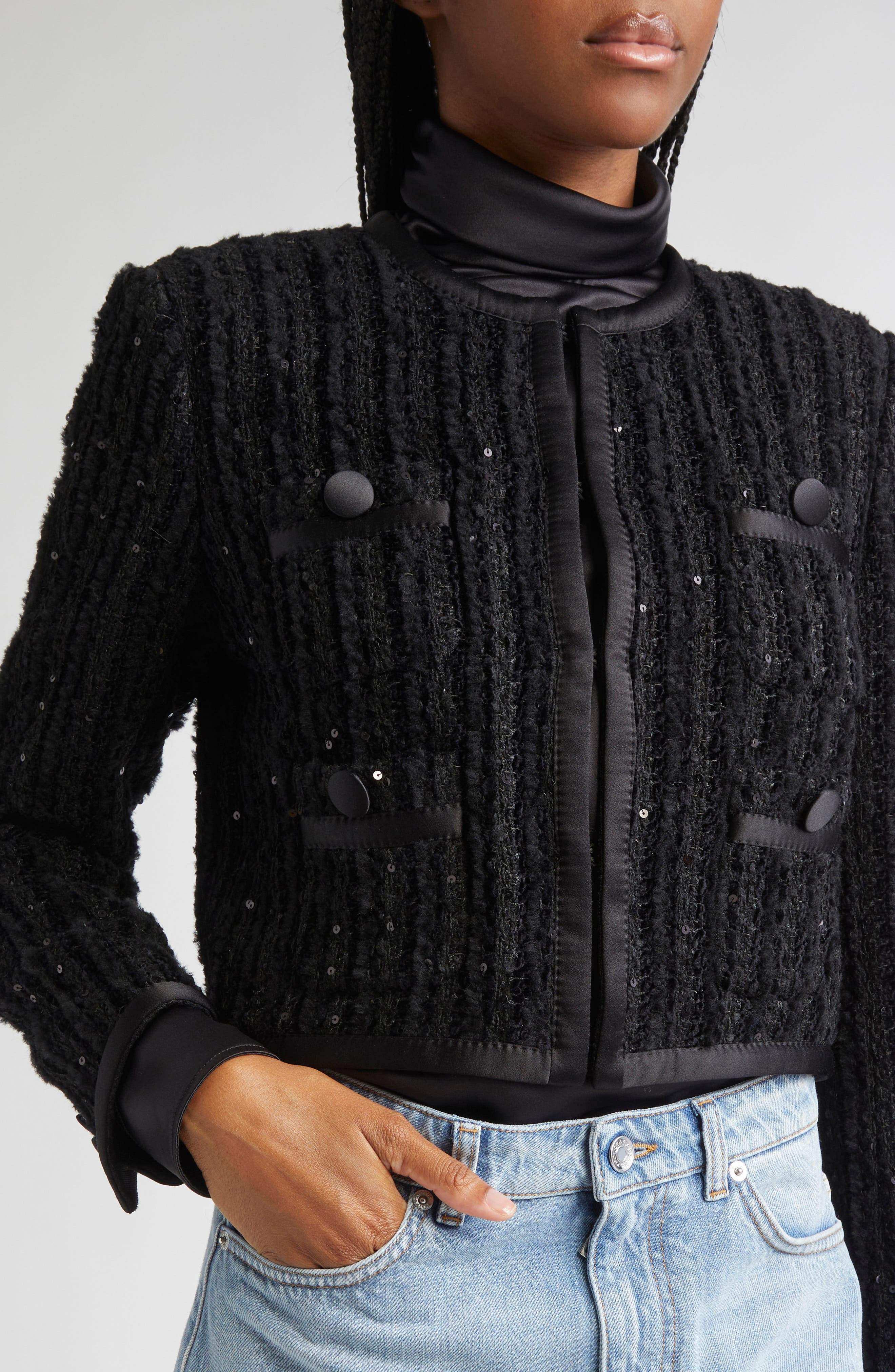 Dolce&Gabbana Sequin Bouclé Tweed Crop Jacket in N0000 Nero at Nordstrom - 5