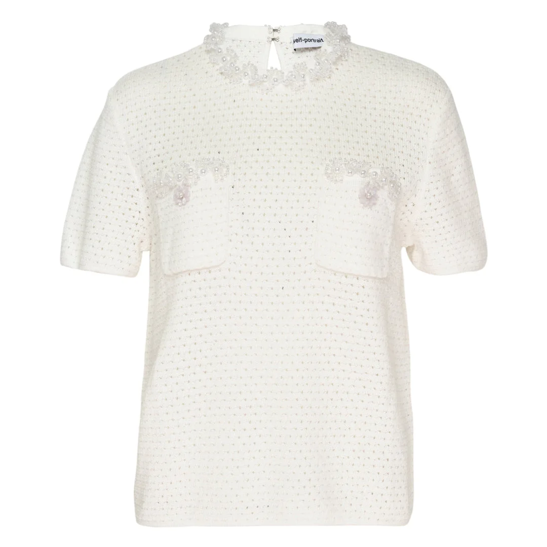 Cream Knit Pearl Trim Top - 1