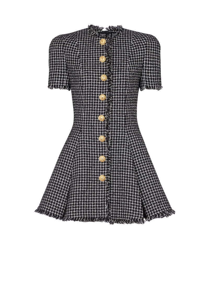 Pleated flared dress in gingham tweed 1