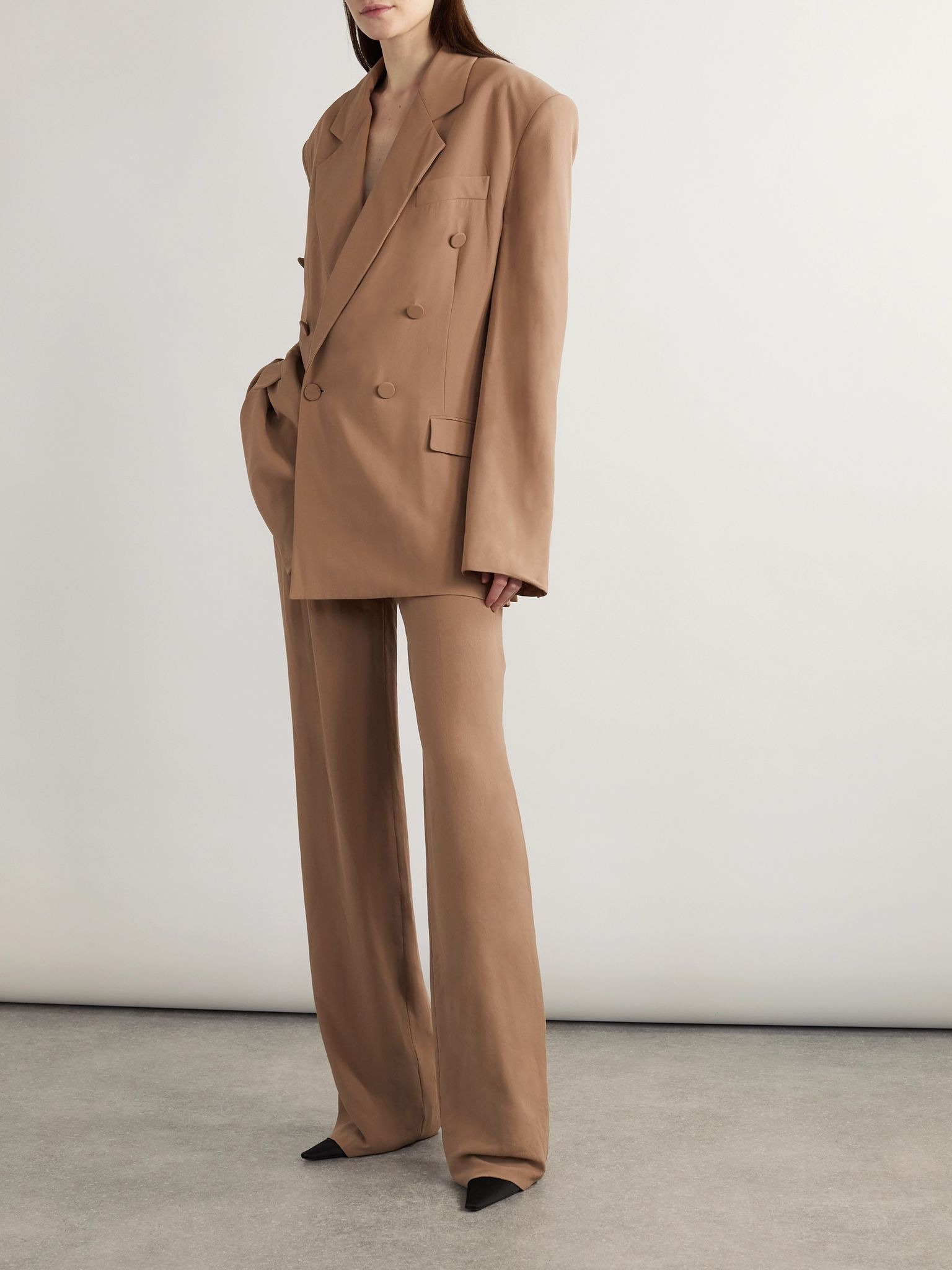Double-breasted silk-crepe blazer Light brown - 2