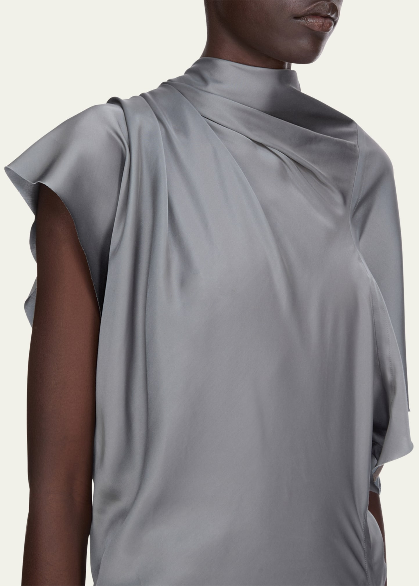Short-Sleeve Draped Satin Midi Dress - 5