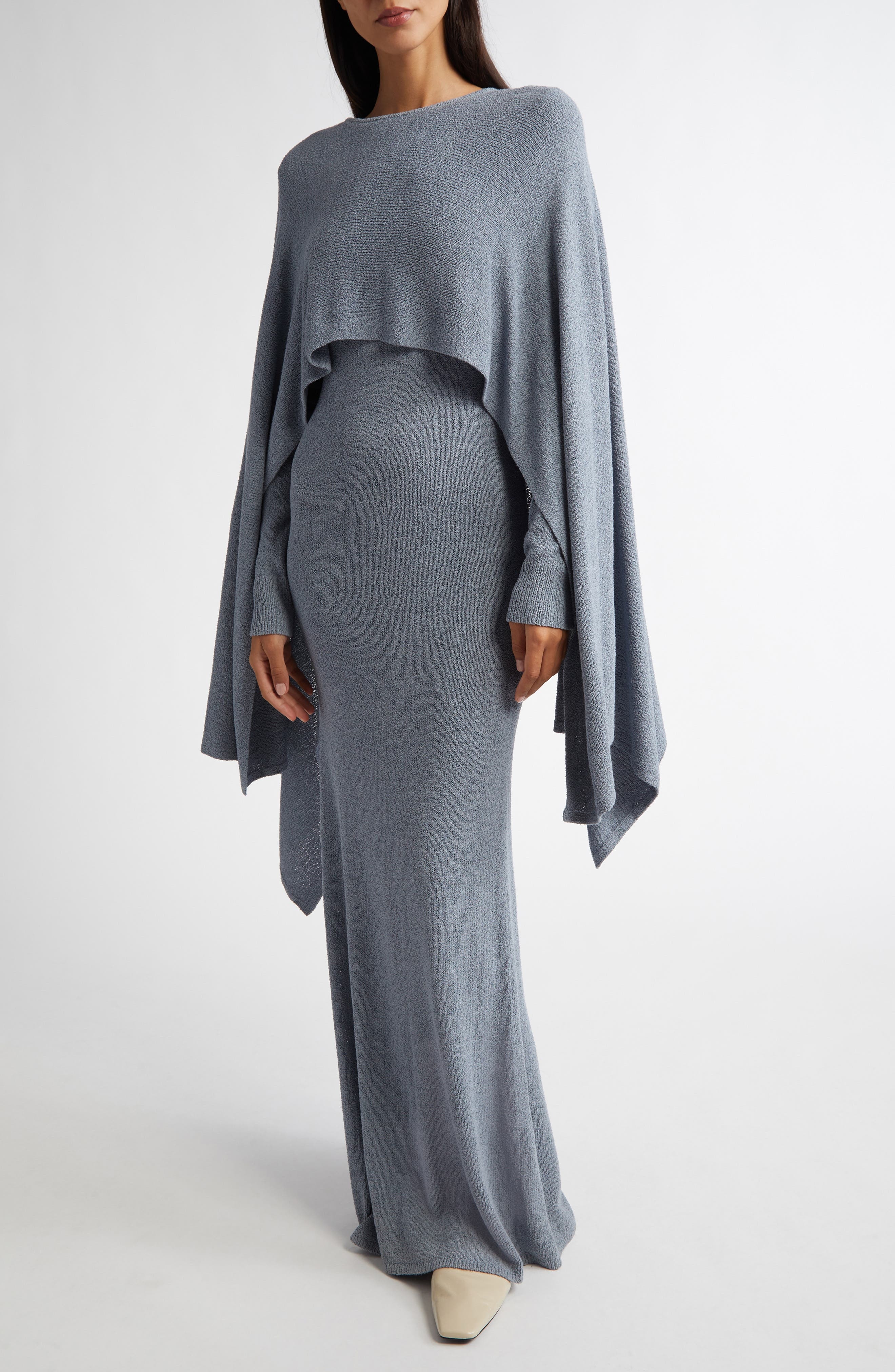 TOTEME Cape Overlay Long Sleeve Silk Knit Dress in Mistral at Nordstrom - 3
