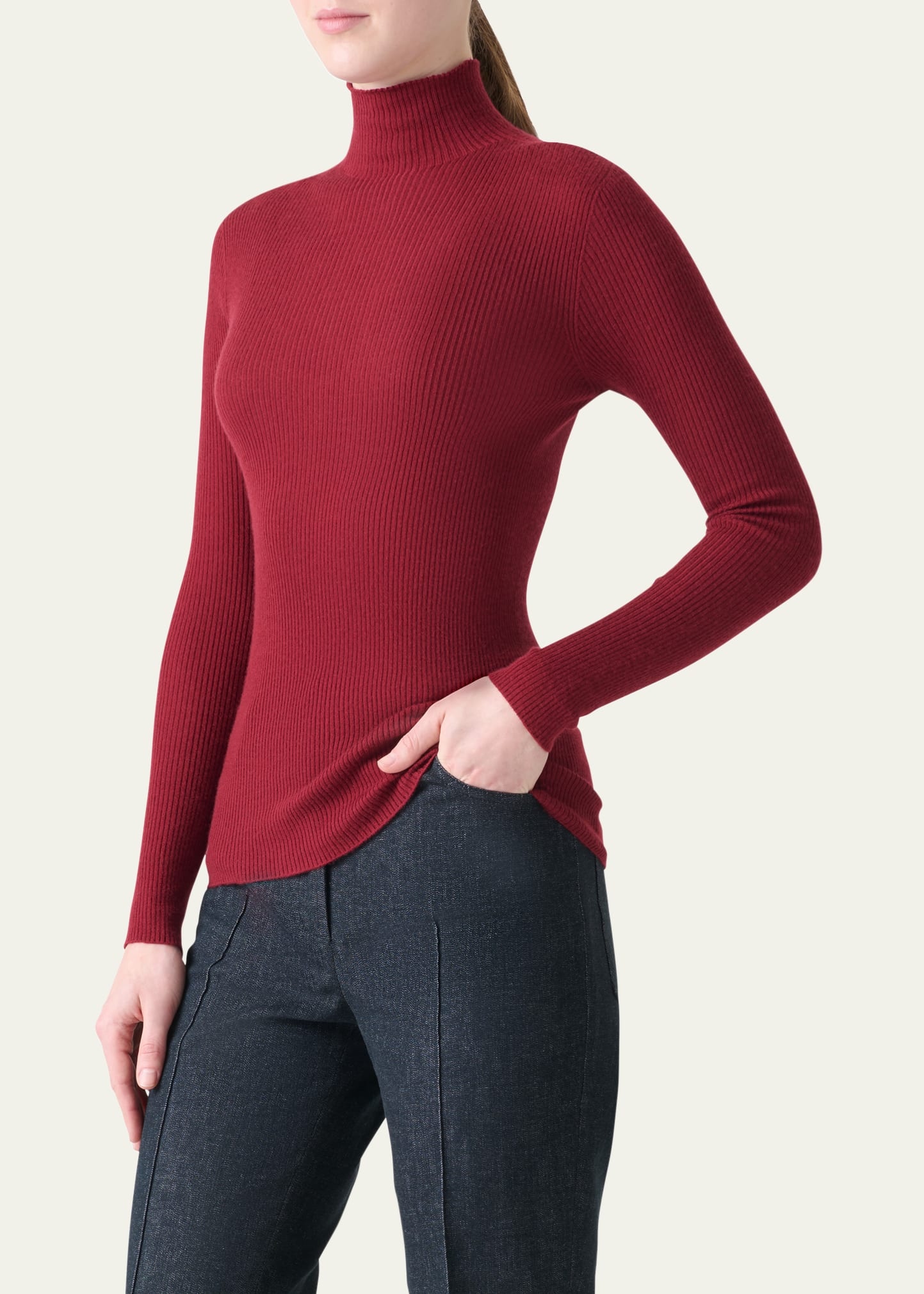 Mock-Neck Cashmere-Silk Fine Rib Sweater - 4