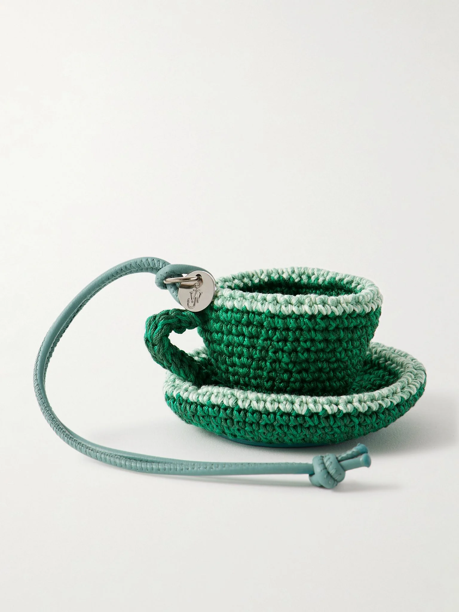 Teacup leather-trimmed crocheted bag charm Green - 1