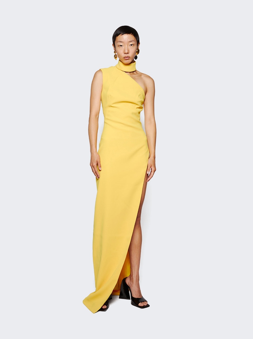 Asymmetrical High Neck Shoulder Dress Yellow - 3