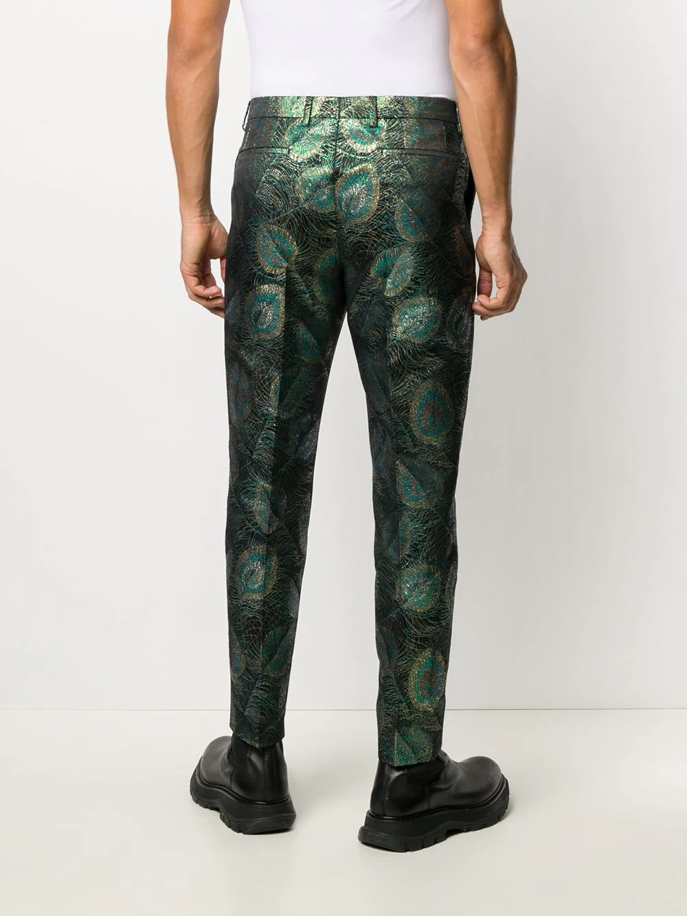 metallic peacock print tailored trousers - 4