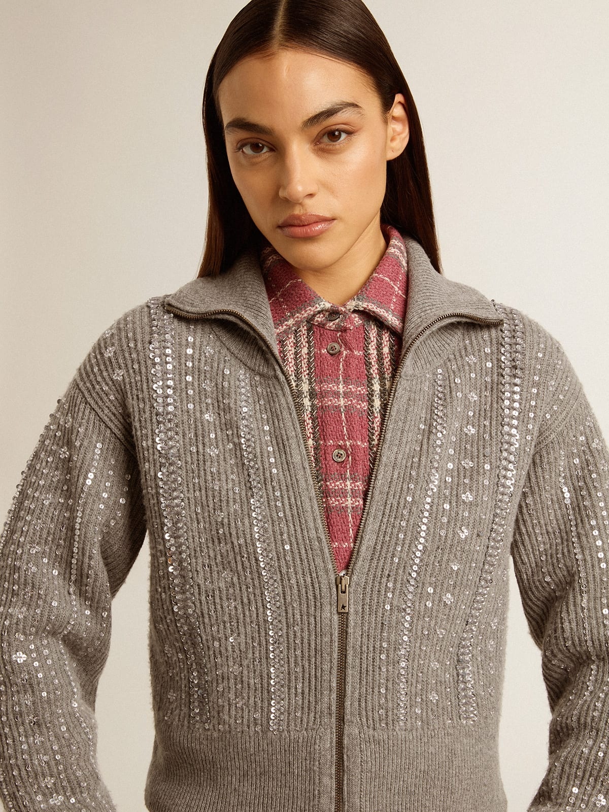 Women's cropped sweater in gray melange wool with sequins - 6