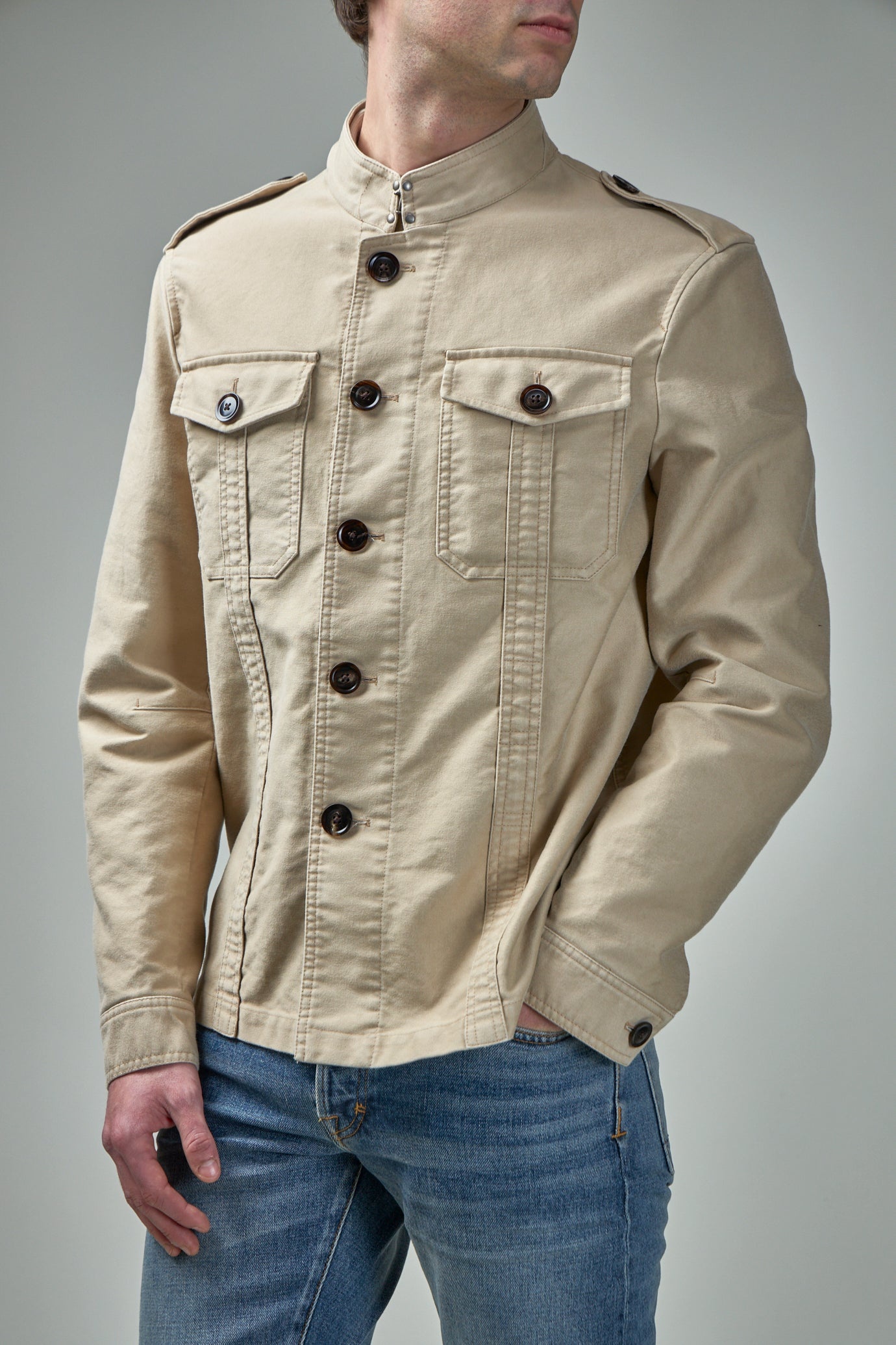 Brushed Cotton Satin Stand Collar Outershirt - 4