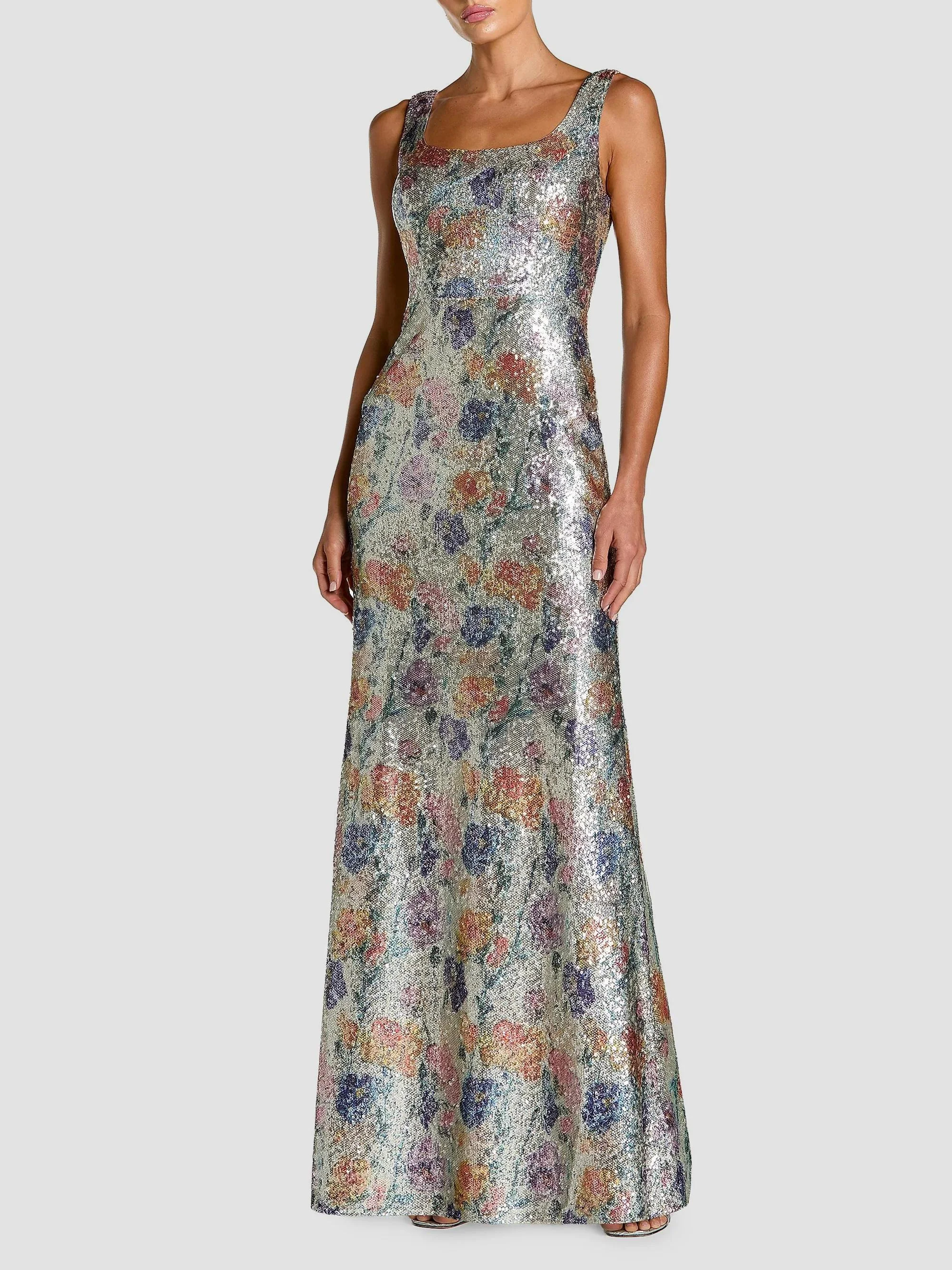Women's Floral Sequined Sleeveless Metallic Gown - Silver Multi - 1