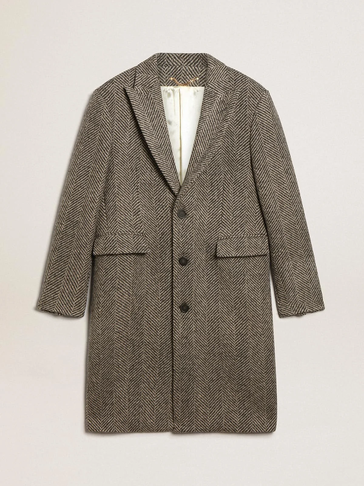 Men's single-breasted wool coat with beige and gray herringbone weave - 1