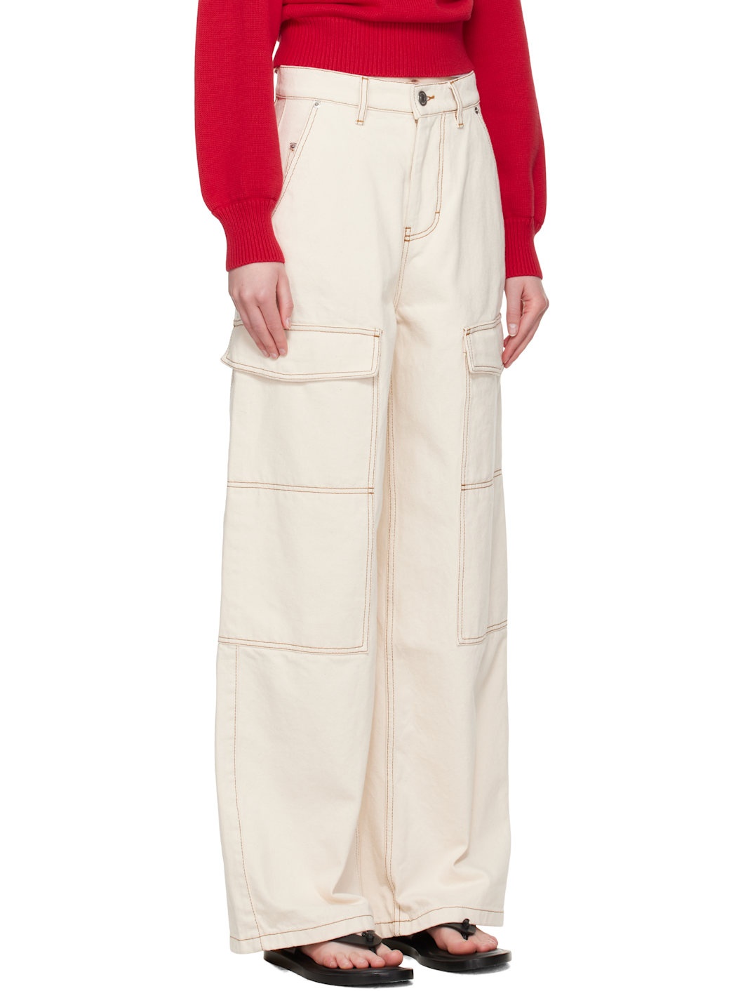 Beige Cotton Wide Fit Denim Cargo Pants - 2