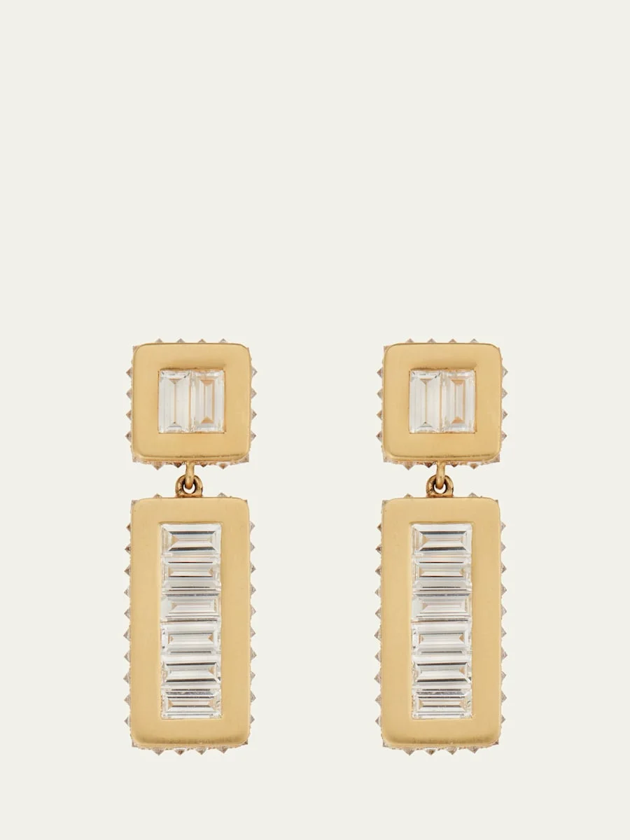 18K Yellow Gold Inverted Oblong Tile Earrings with Baguette Diamonds - 1