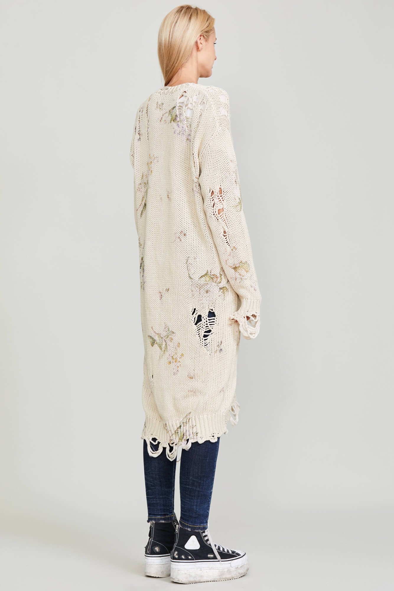 DISTRESSED LONG CARDIGAN - FLORAL ON KHAKI - 3