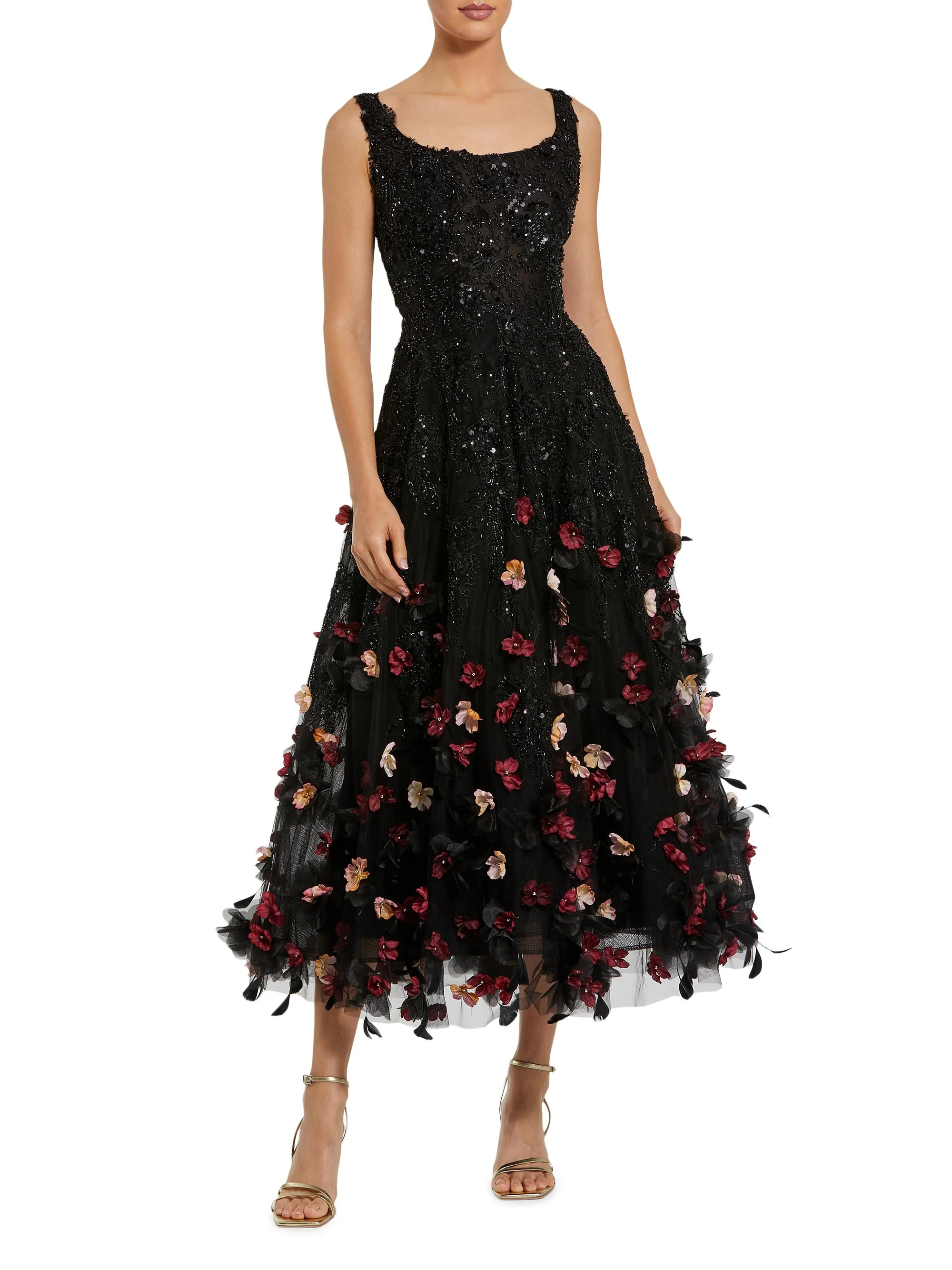 Women's Sequined Floral Appliqué Cocktail Dress - Black Multi - 1