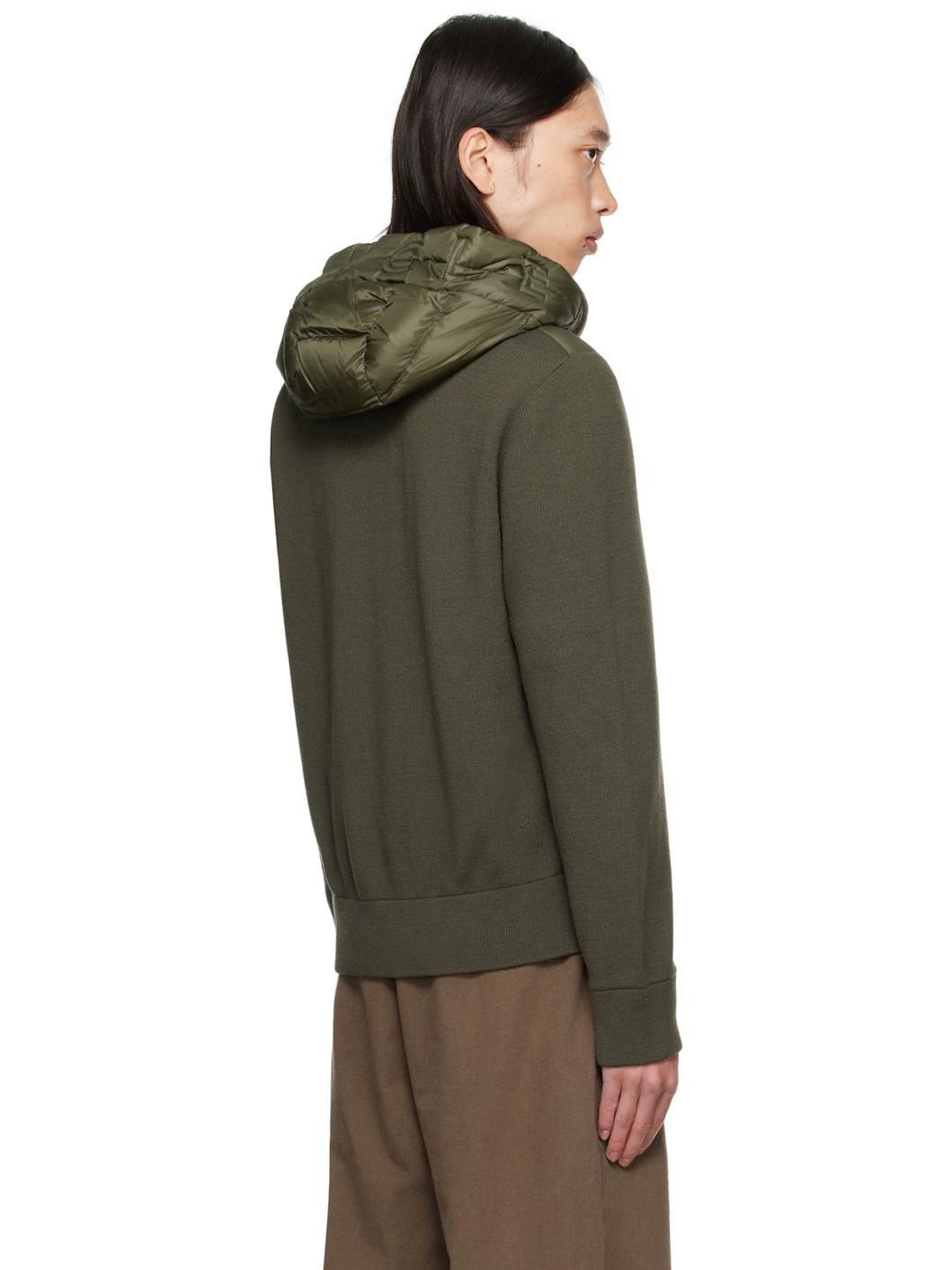 Khaki Padded Wool Zip-Up Down Hoodie - 3