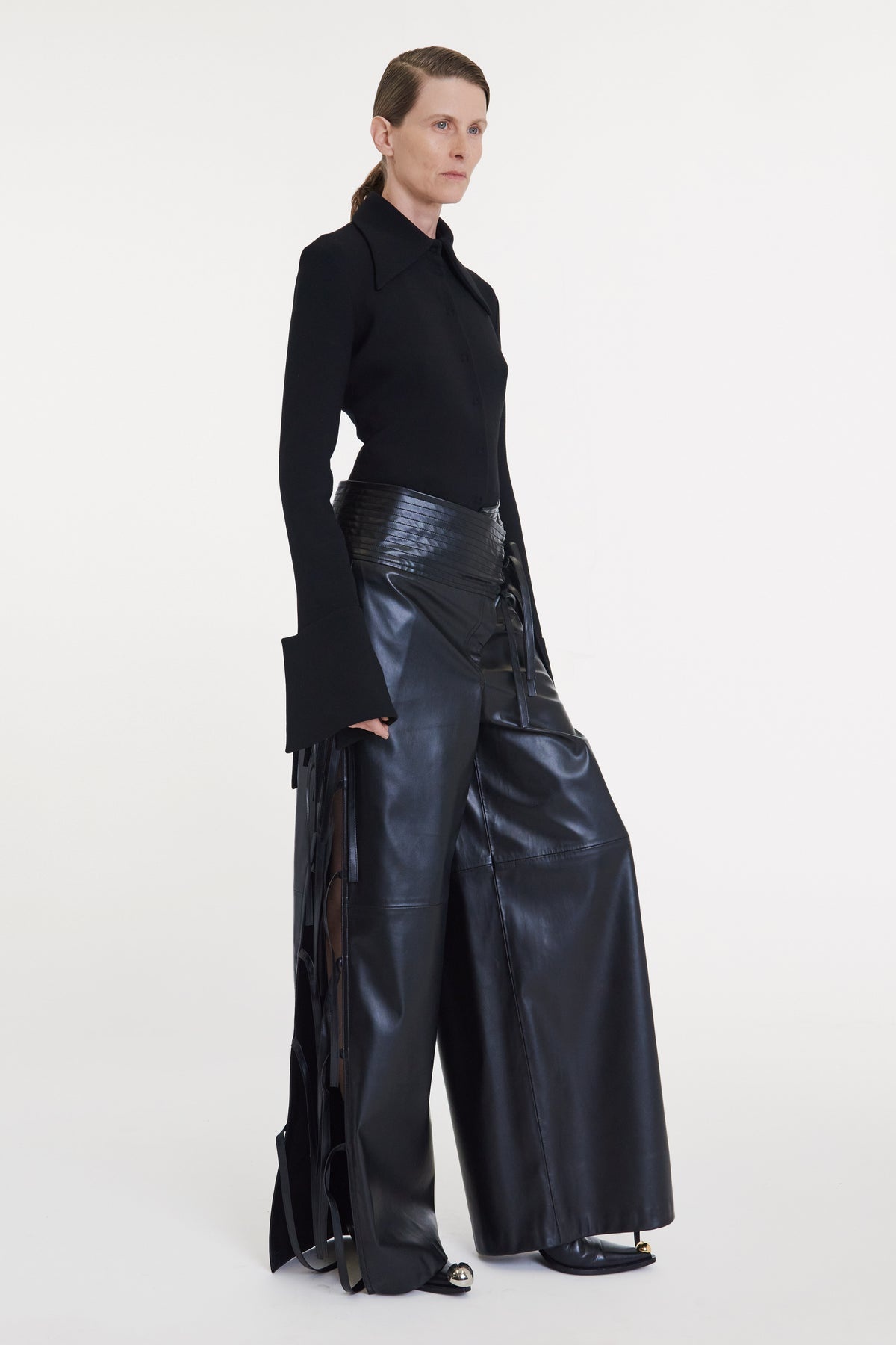 WIDE LEG PANTS WITH SIDE TIES BLACK - 5