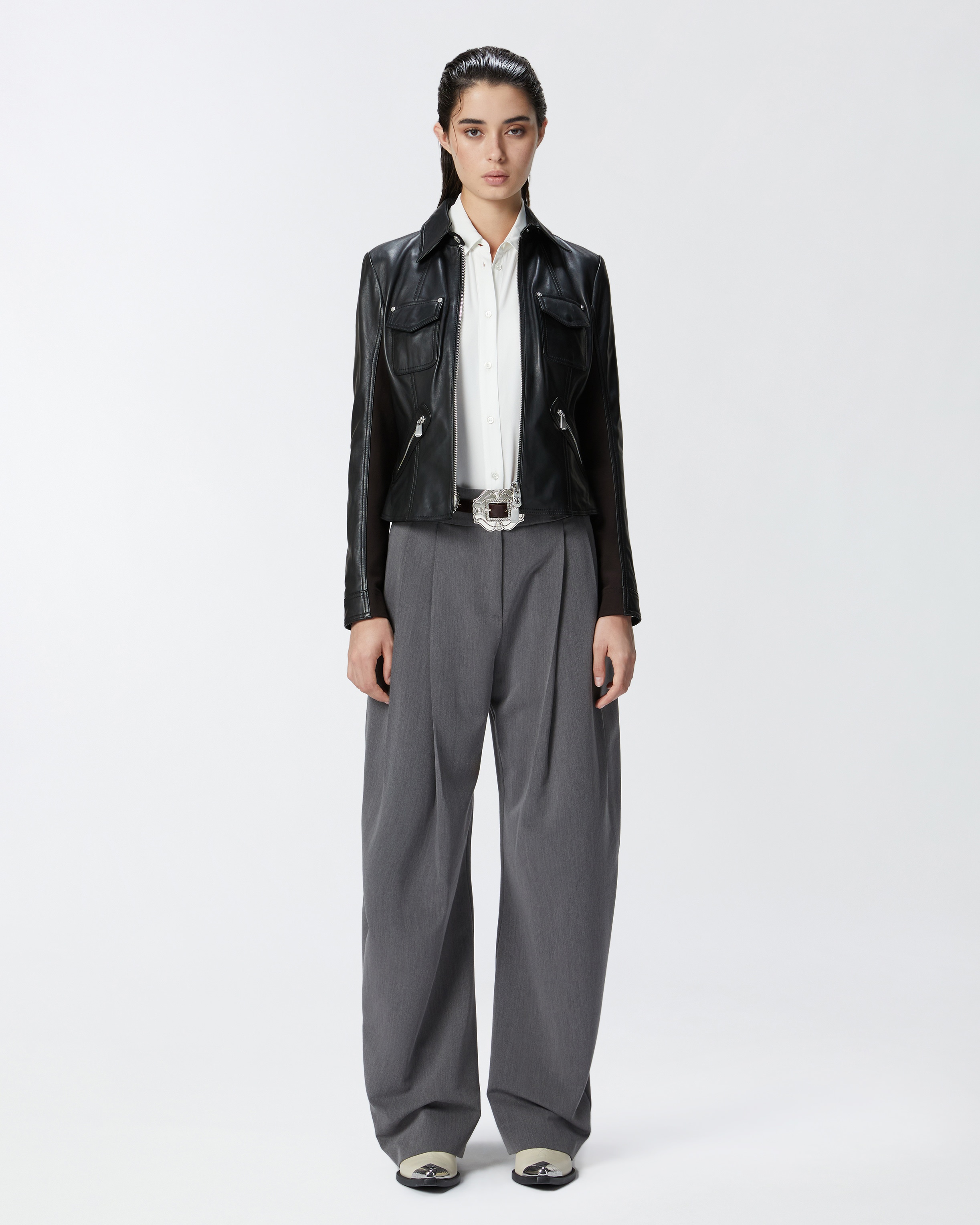SHORT LEATHER AND TECHNICAL FABRIC BIKER JACKET - 3