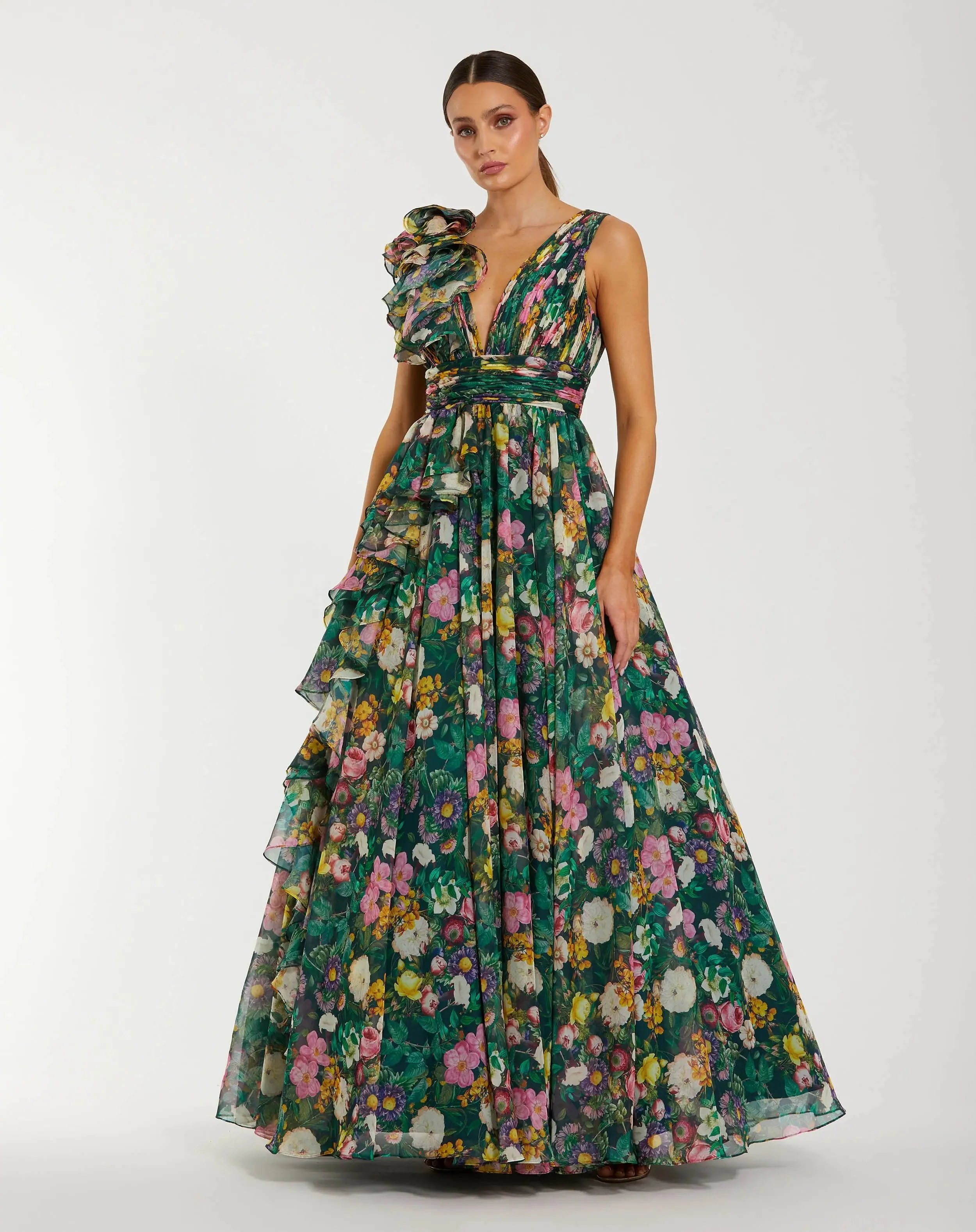 Green Sleeveless V-Neck Floral Chiffon Ruffle Ball Gown - 1