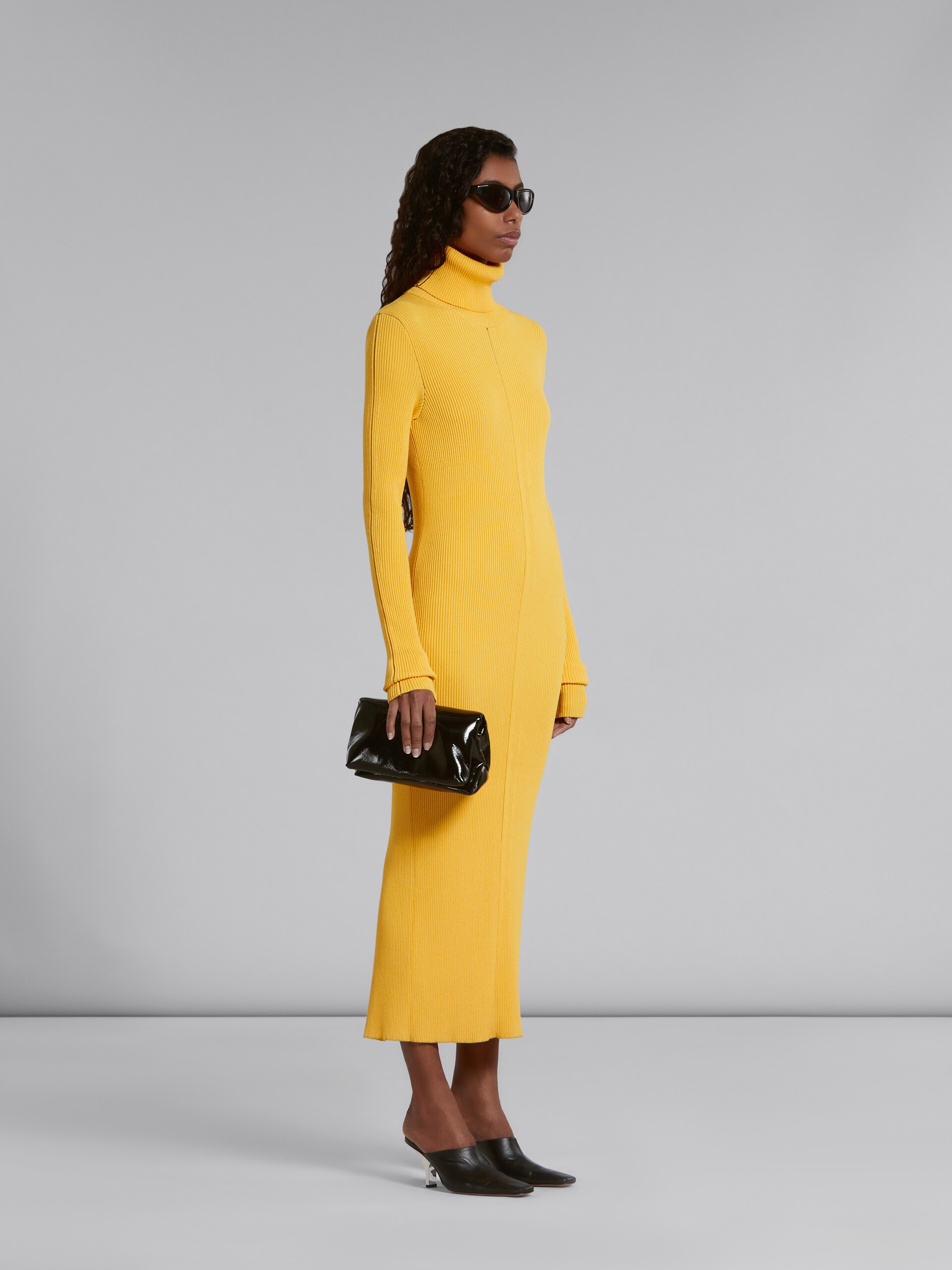 YELLOW RIBBED DRESS WITH TURTLE NECK - 6