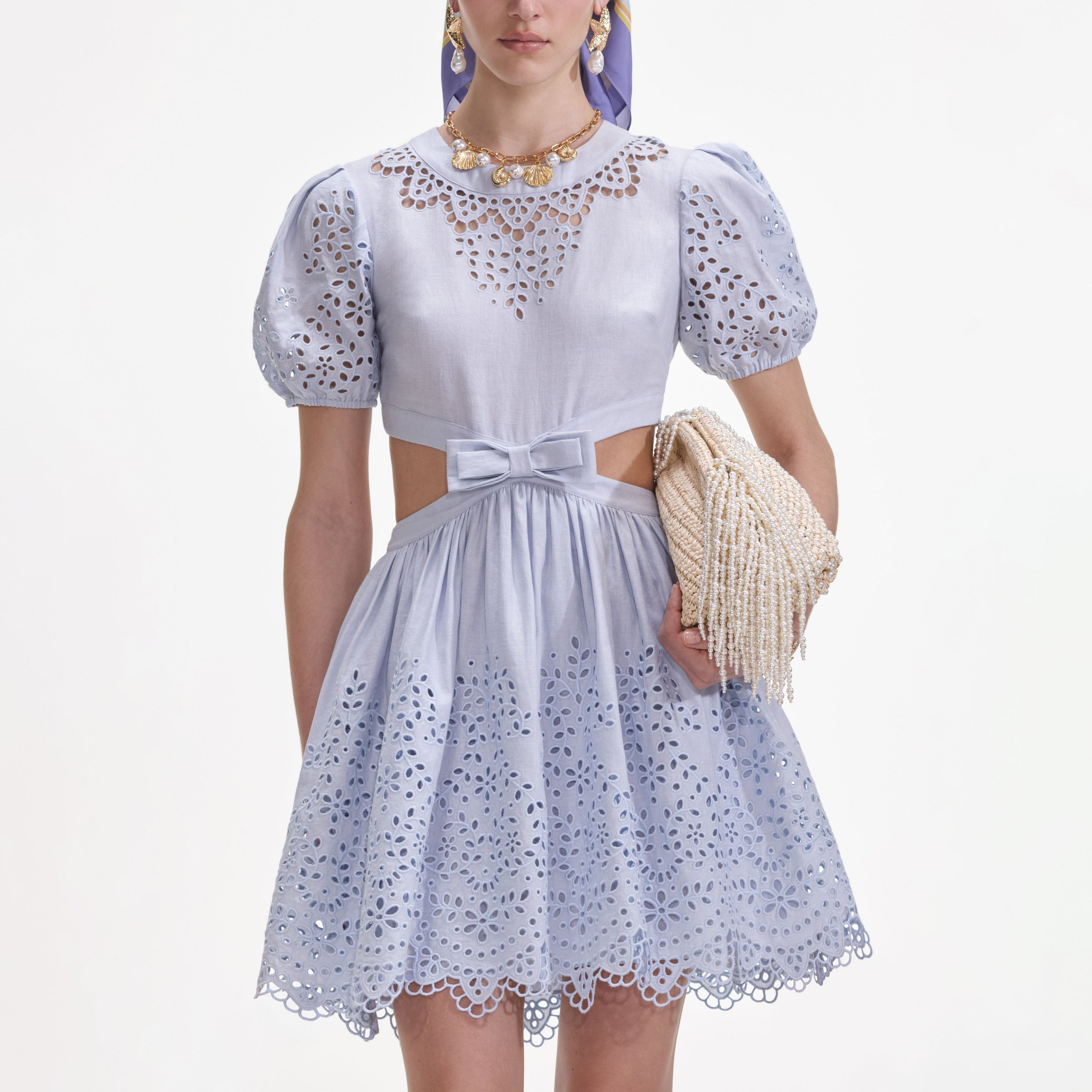 Blue Embroidered Linen Mini Dress - 4