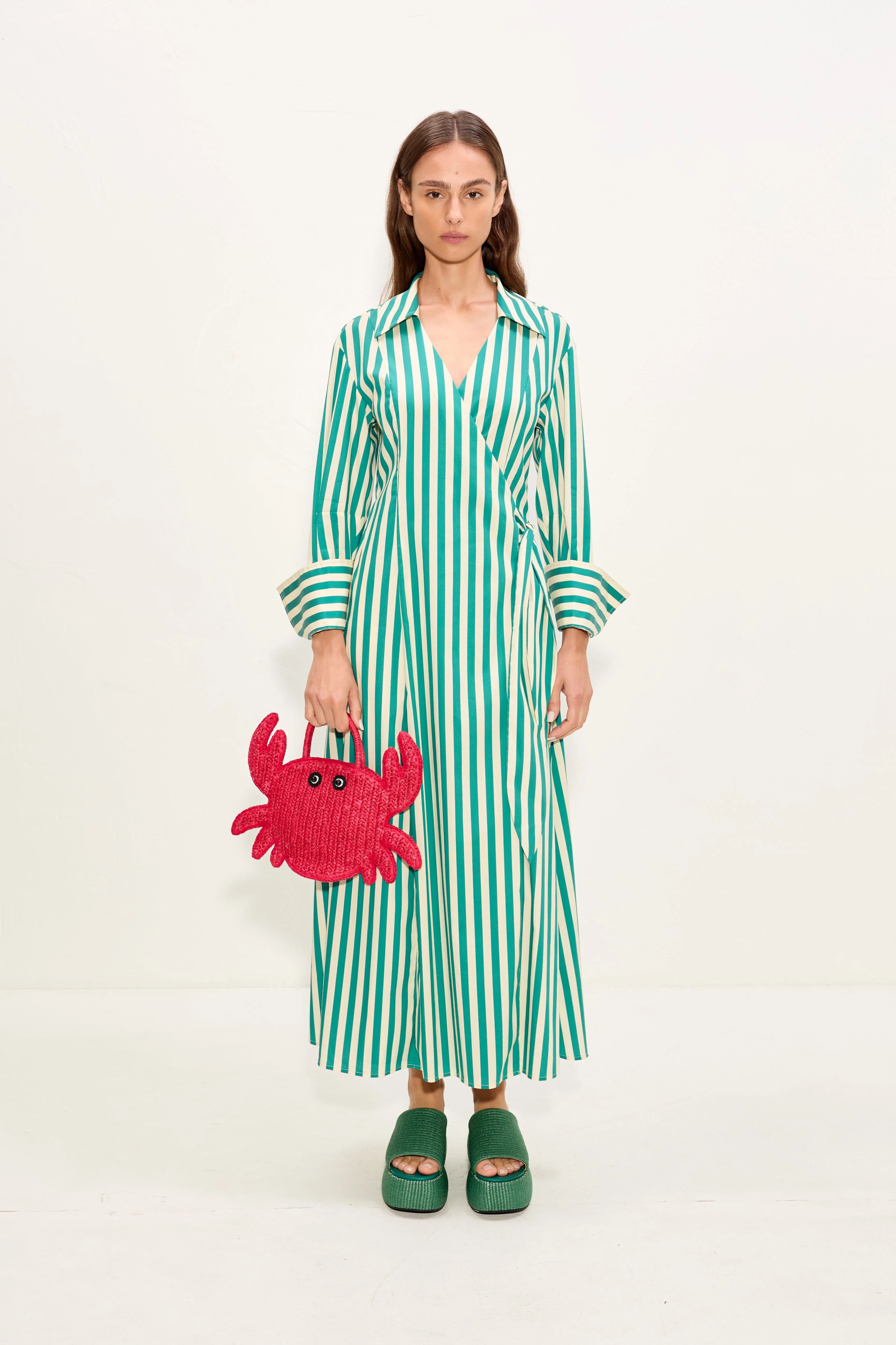 Anya Poplin Wrap Dress In Teal/Cream Stripe - 1