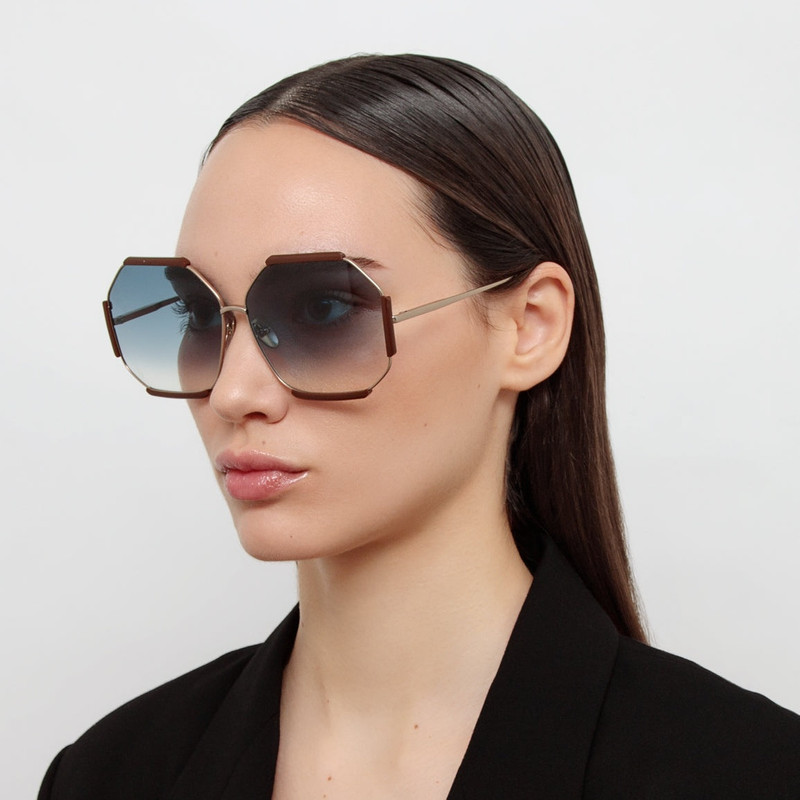 LINDA FARROW Margot Hexagon Sunglasses in Aqua outlook