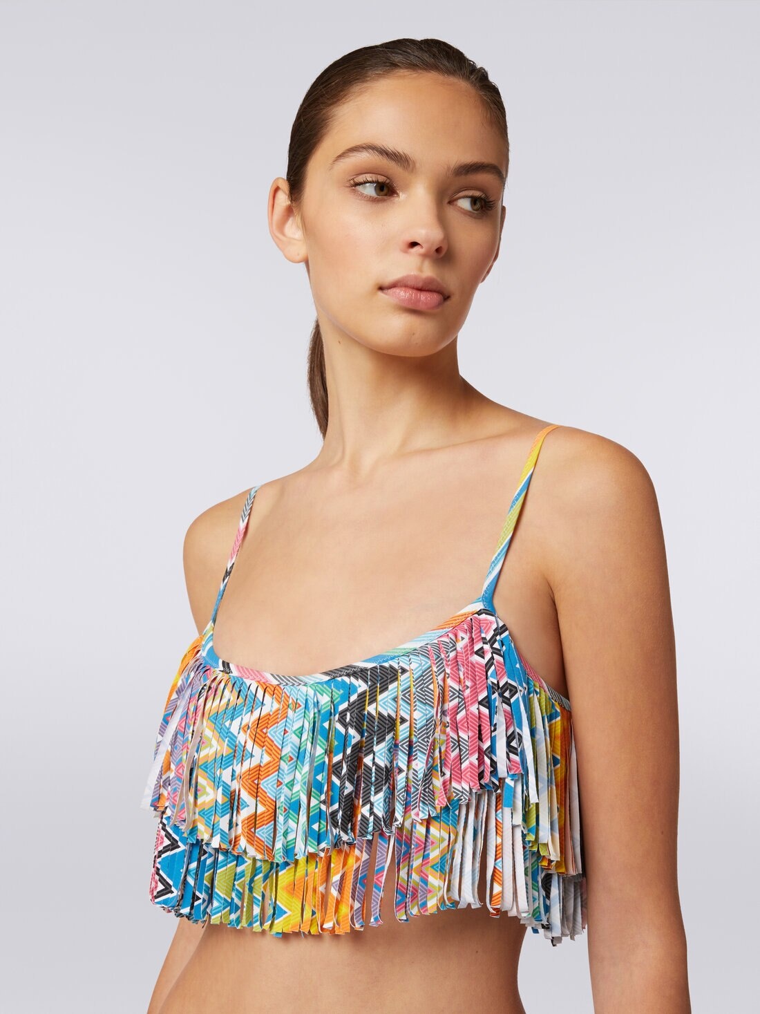 Printed stretch fabric bikini with fringed top - 5