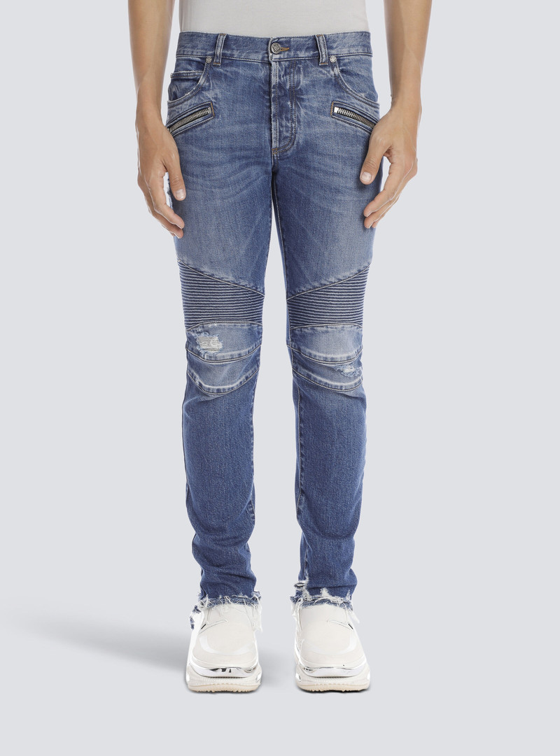 Tapered ripped 파란 면 청바지 6