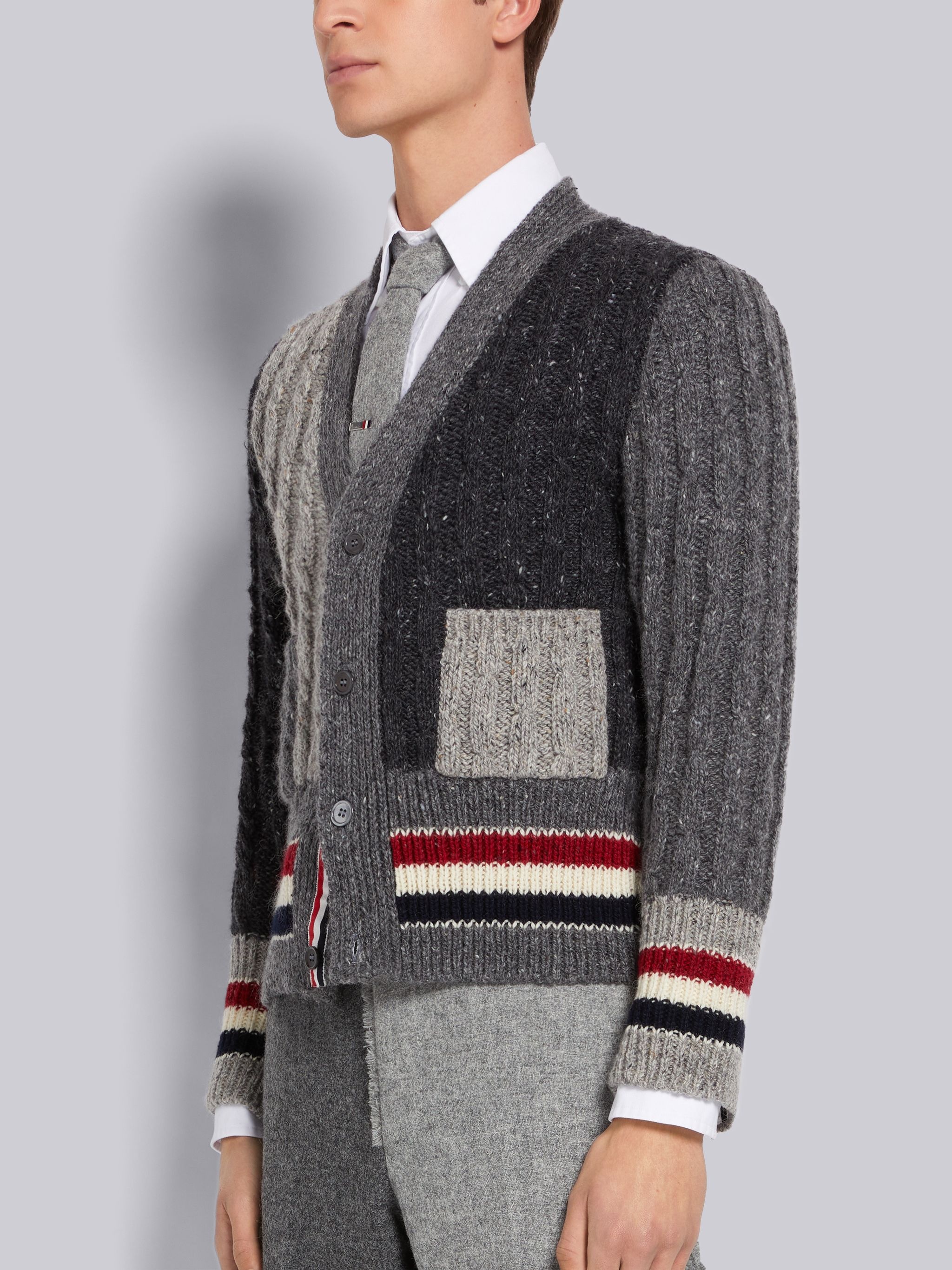 Tonal Grey Fun-Mix Mohair Tweed Stripe Cardigan - 2