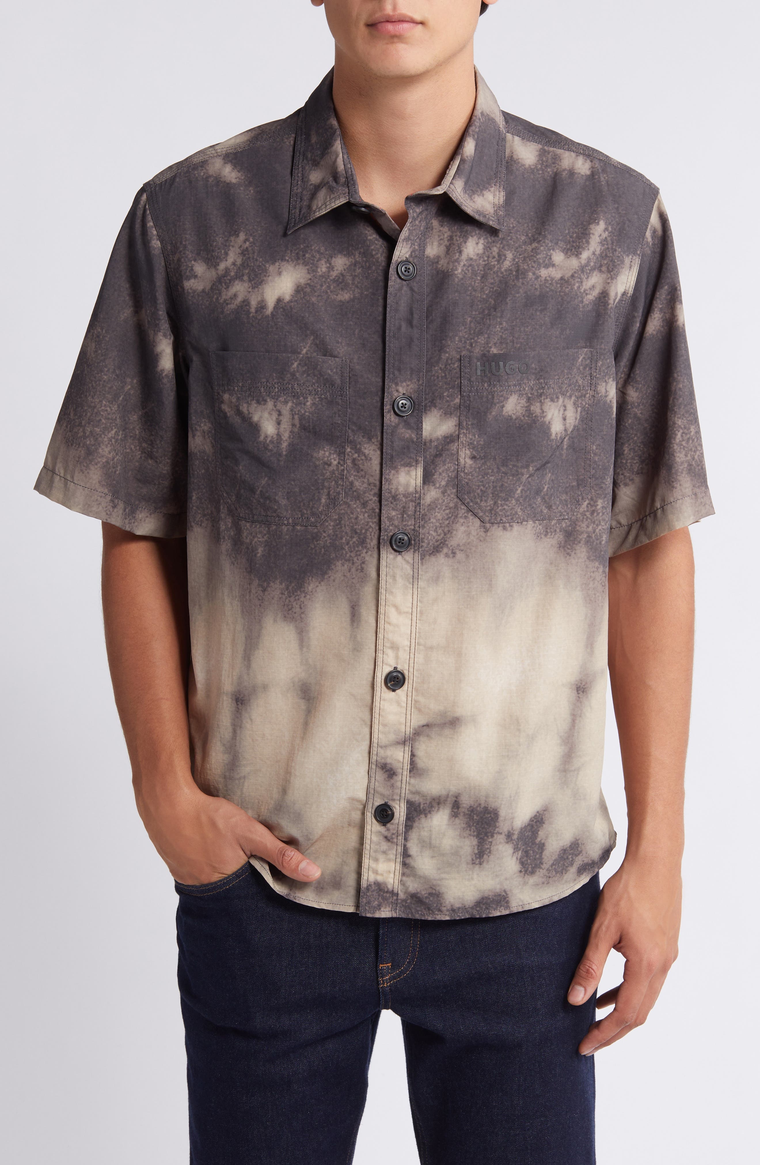 HUGO Eratino Tie Dye Short Sleeve Nylon Button-Up Shirt in Medium Brown at Nordstrom - 1