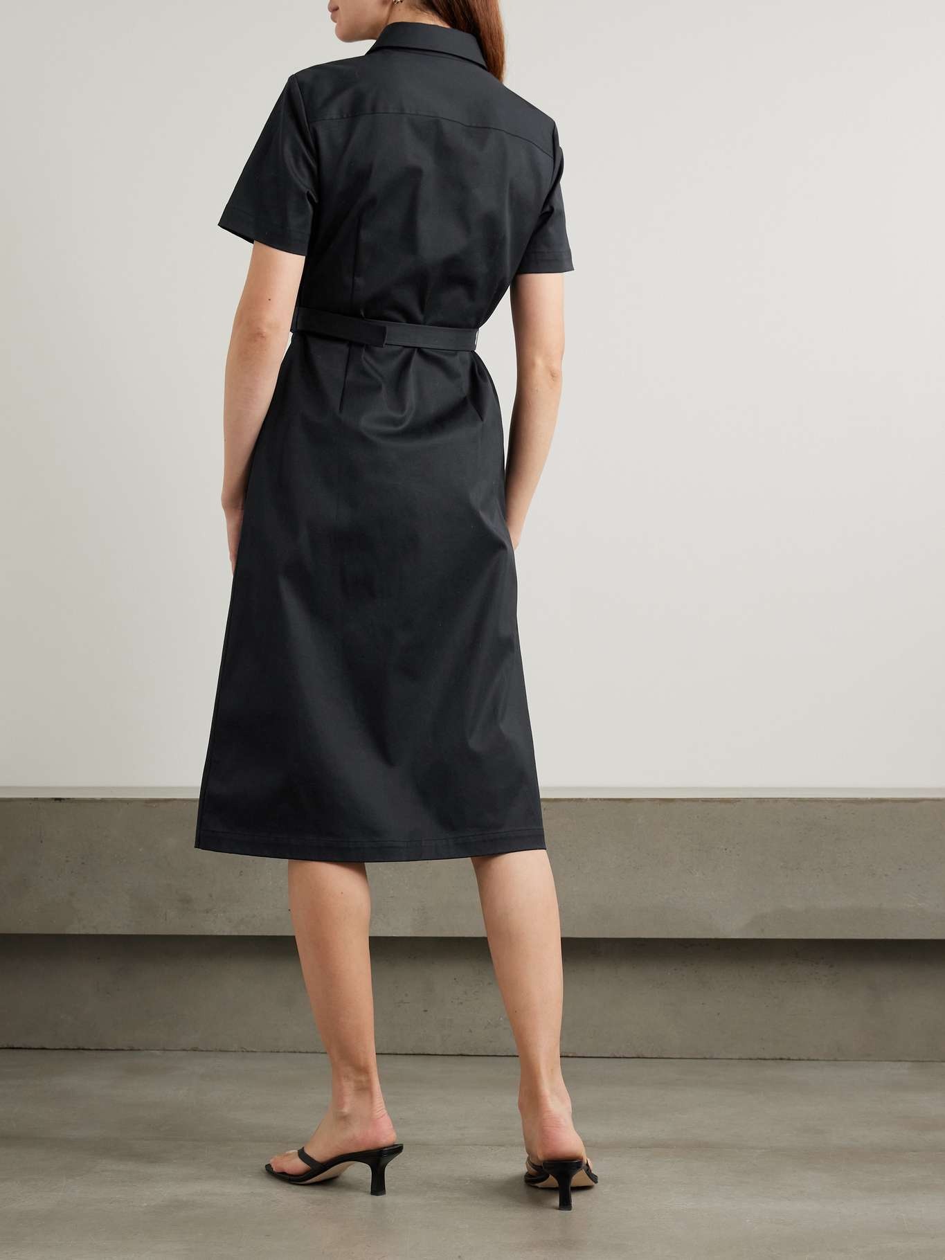 Belted cotton-blend twill midi shirt dress Black - 3