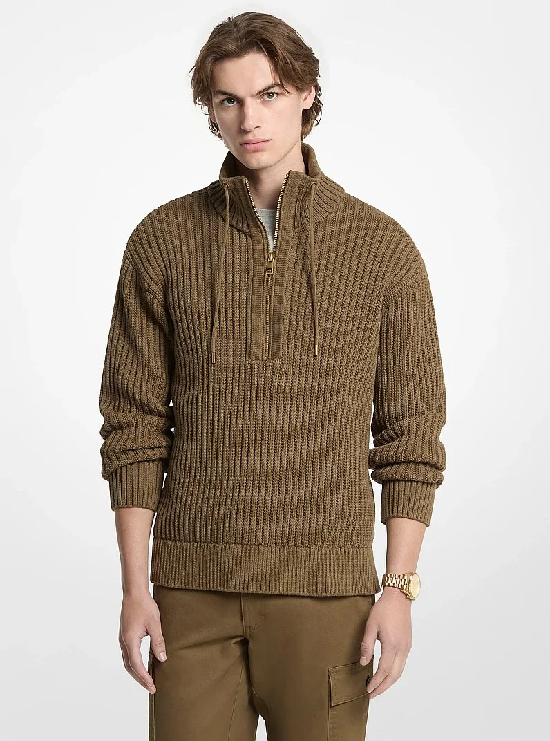 Textured Cotton Blend Funnel-Neck Sweater - 1