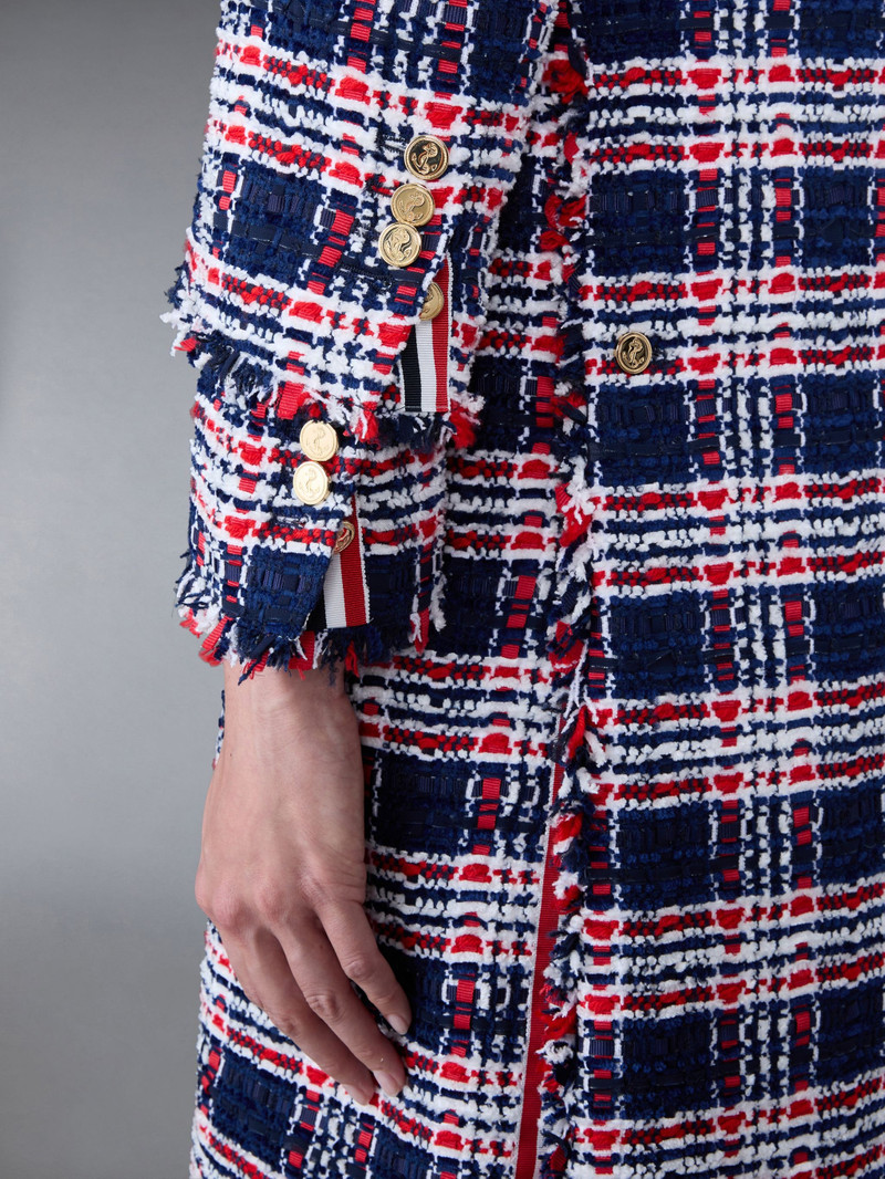 Prince of Wales Check Frayed Chenille Tweed Elongated Bal Collar Coat 5