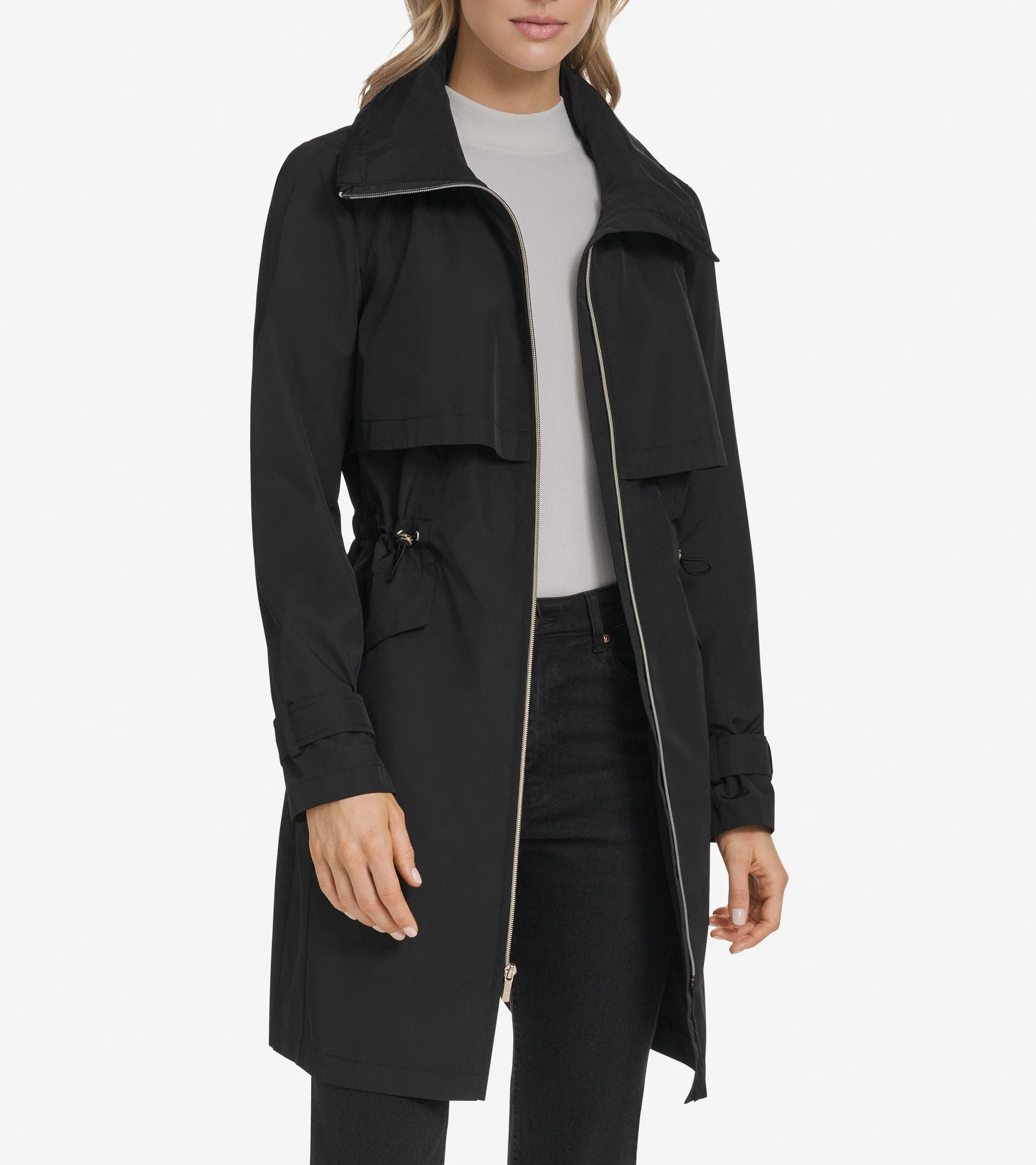 Women's Zip Up Trench Coat with Stow Away Hood - 1