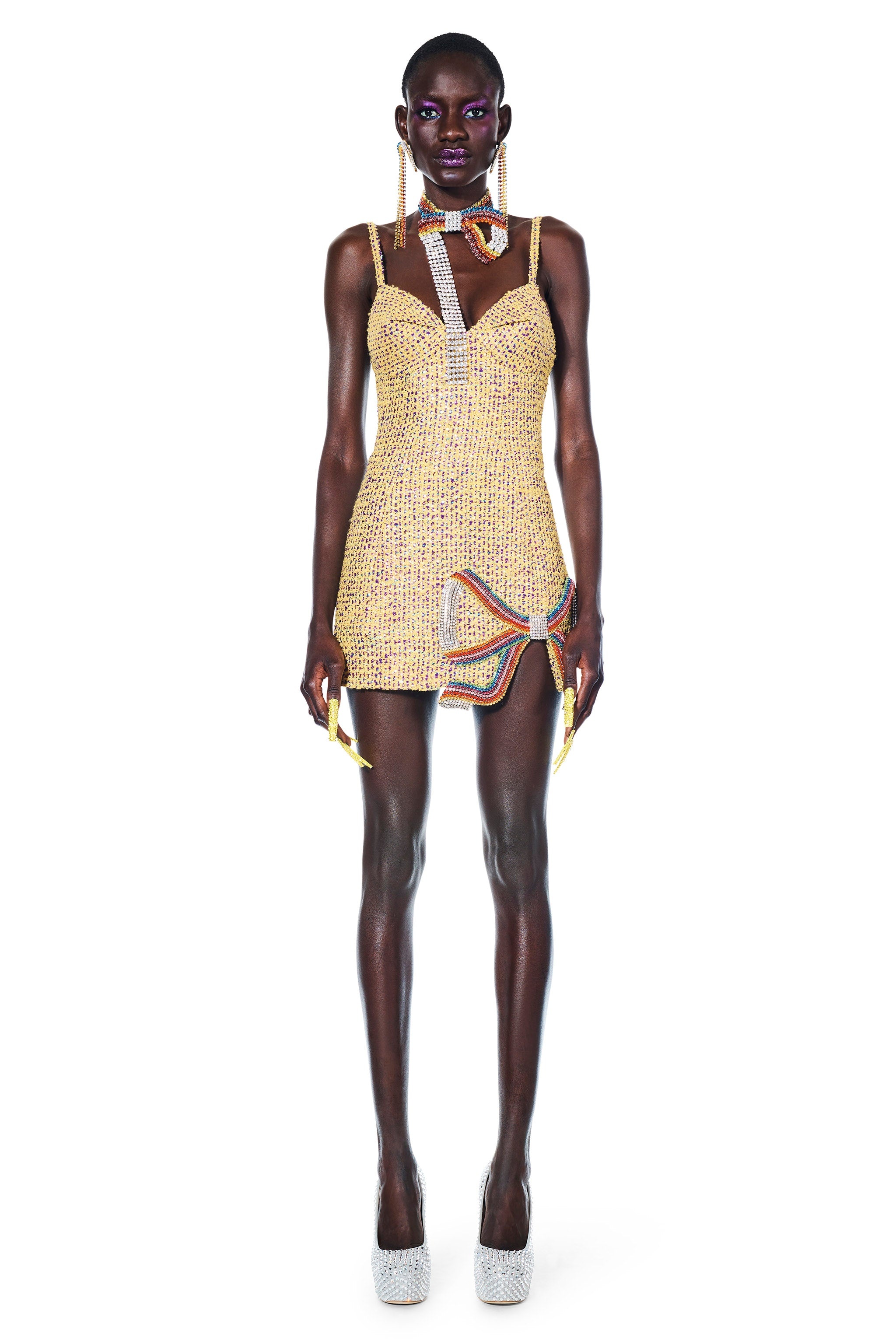 EMBROIDERED CRYSTAL BOW MINI DRESS - 5