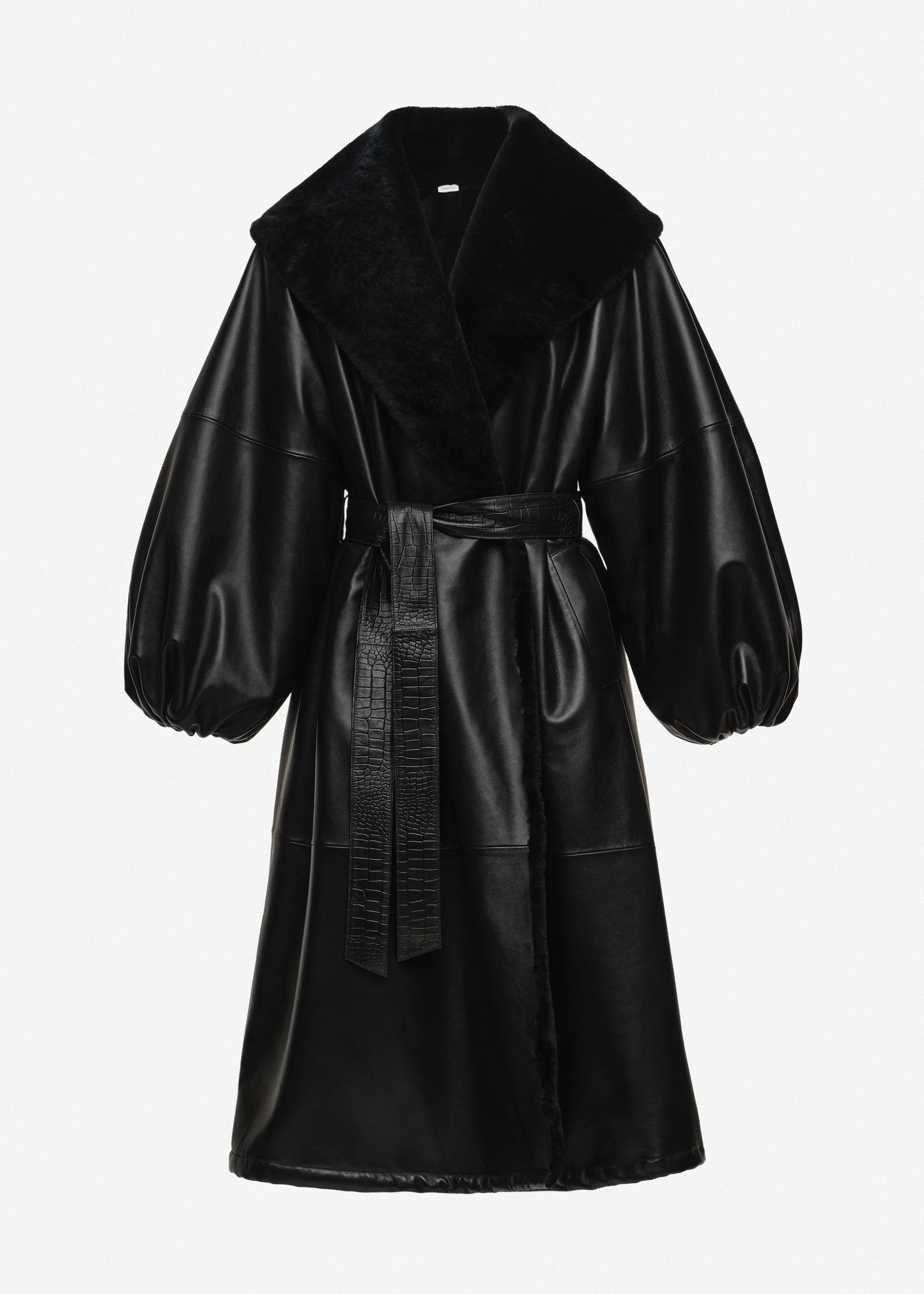 Belted fur collar leather coat in black - 1