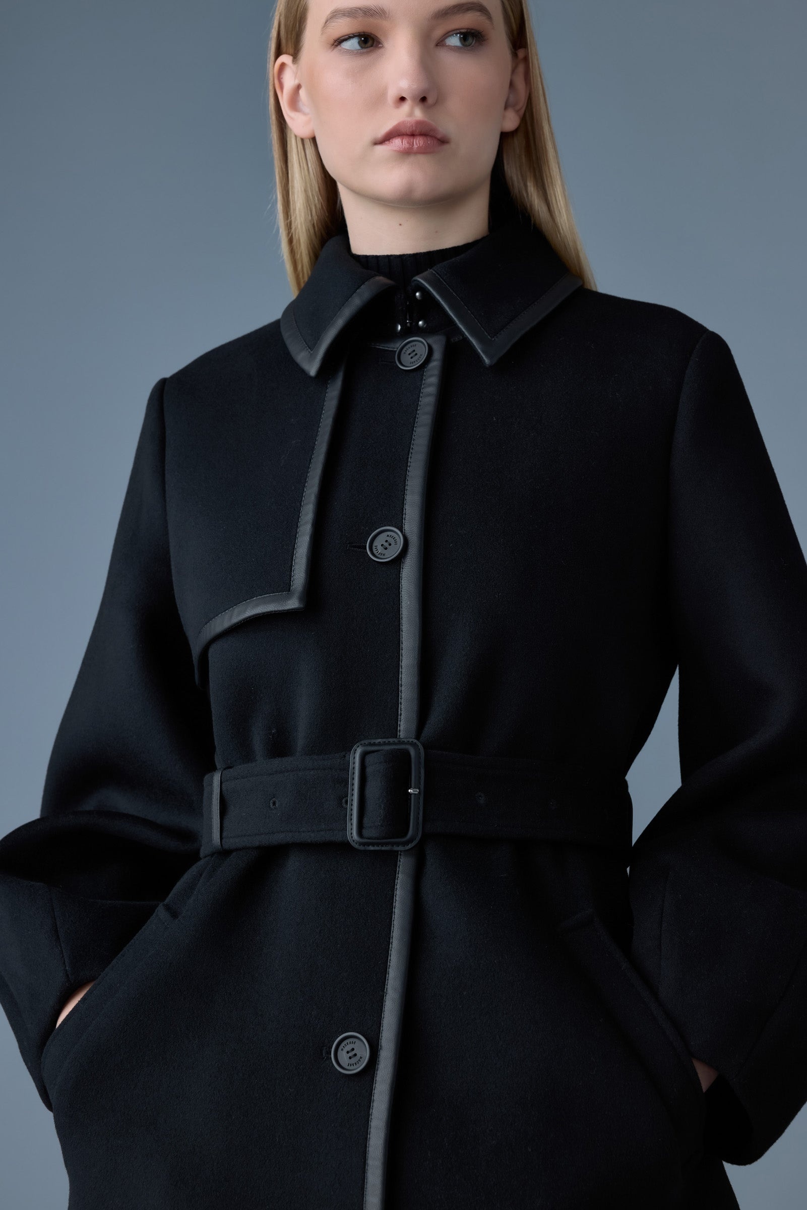 ZEVA Long wool balloon sleeve trench with leather detail - 5