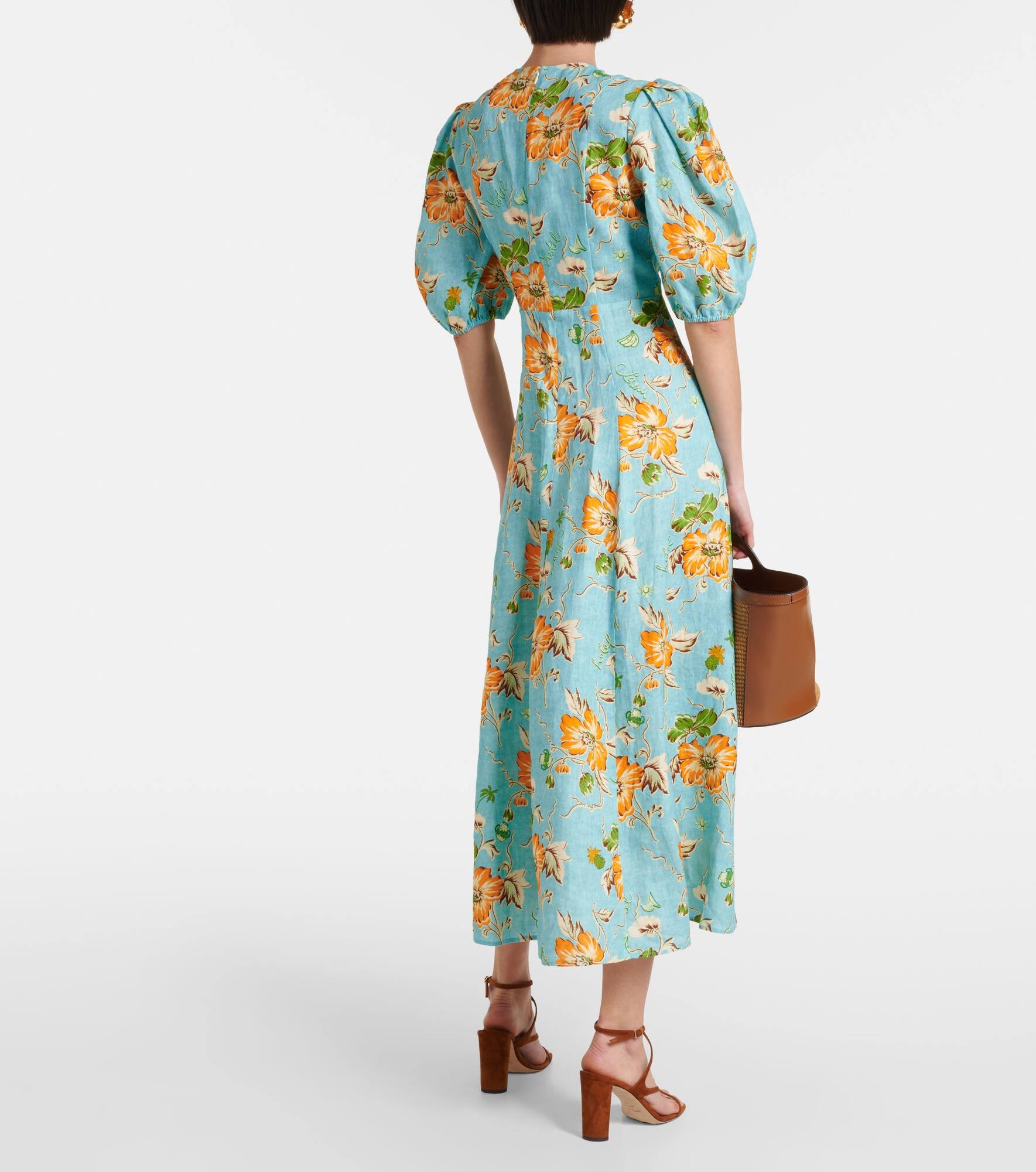 Floral puff-sleeve linen midi dress - 3