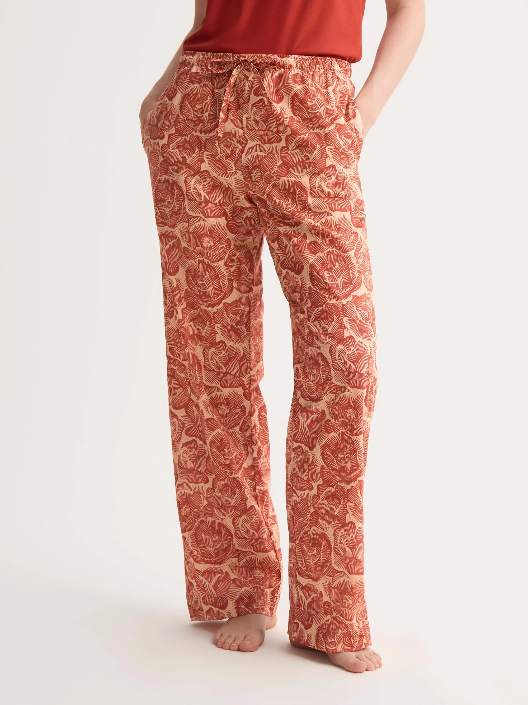 Women's Lounge Pants Cotton Batiste Rustic Red & Peach Rose Print - 1