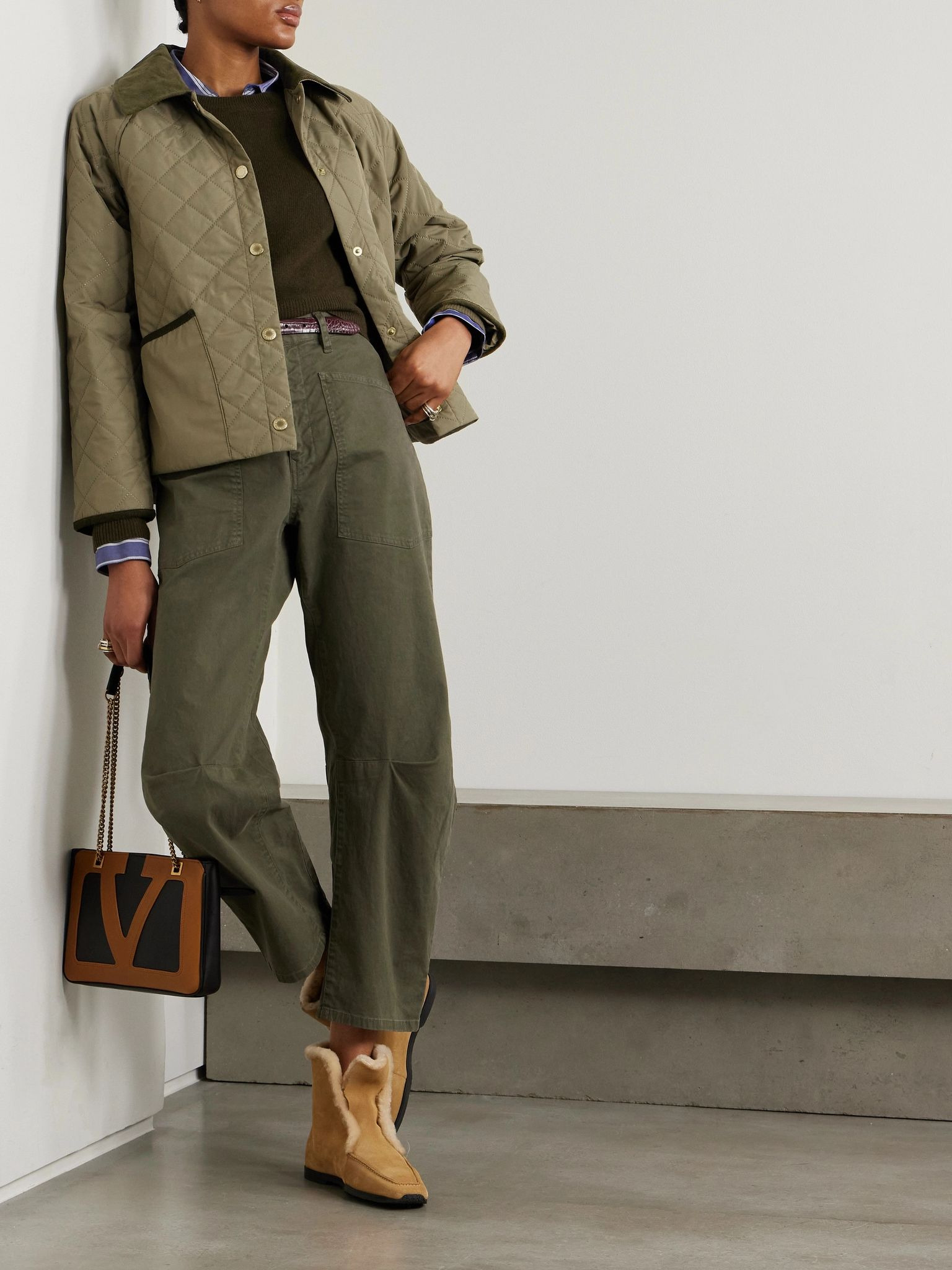 Anise corduroy-trimmed cropped quilted shell jacket Gray green - 2