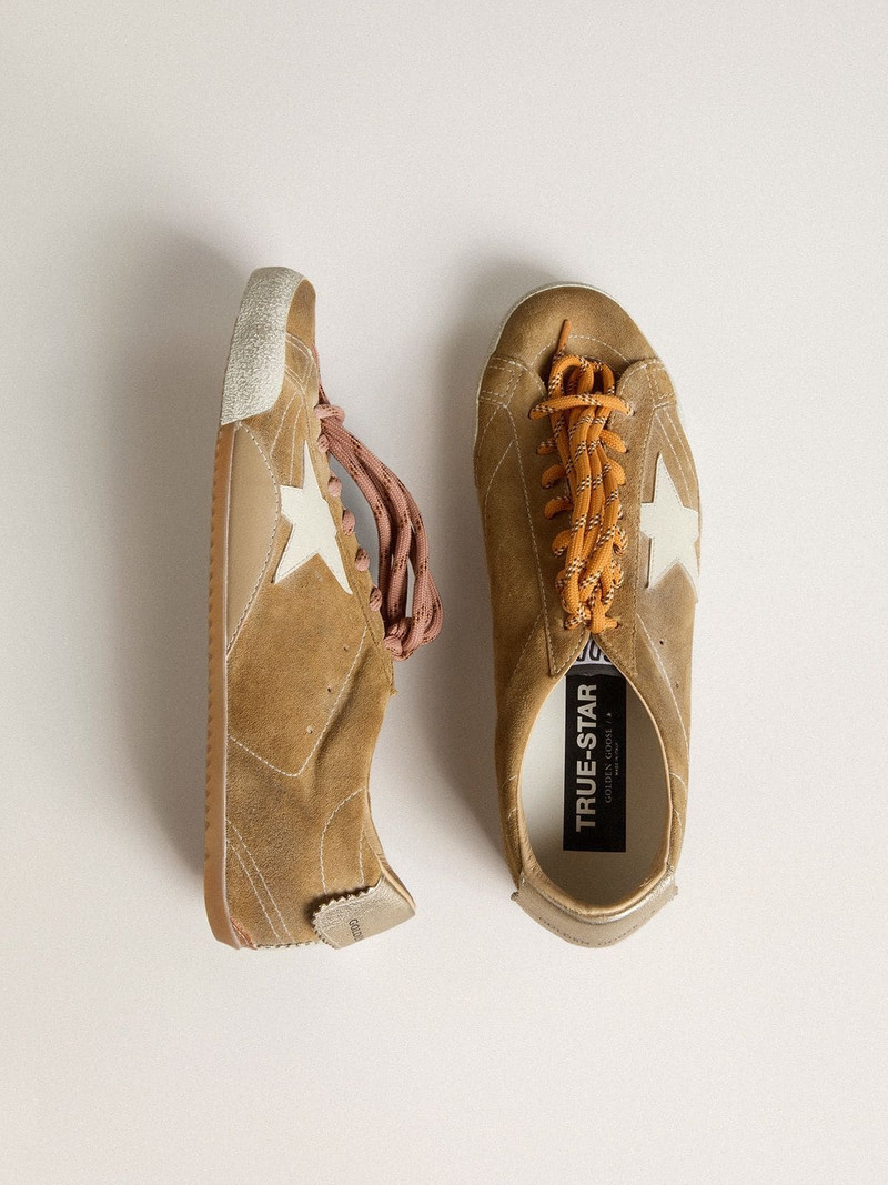Golden Goose Women's True-Star in tobacco-colored suede with white star and platinum heel tab outlook