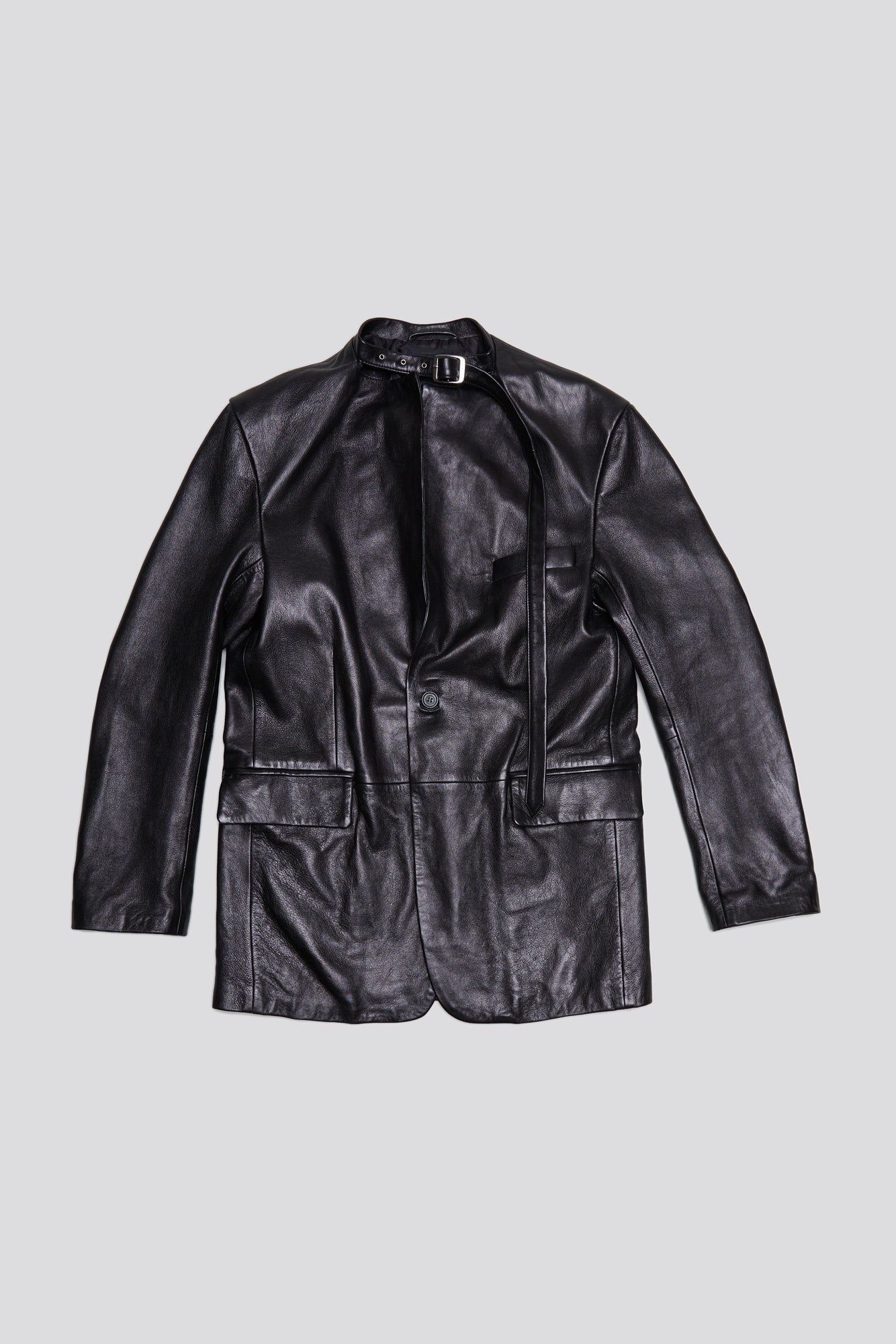BELT COLLAR LEATHER BLAZER - BLACK - 1