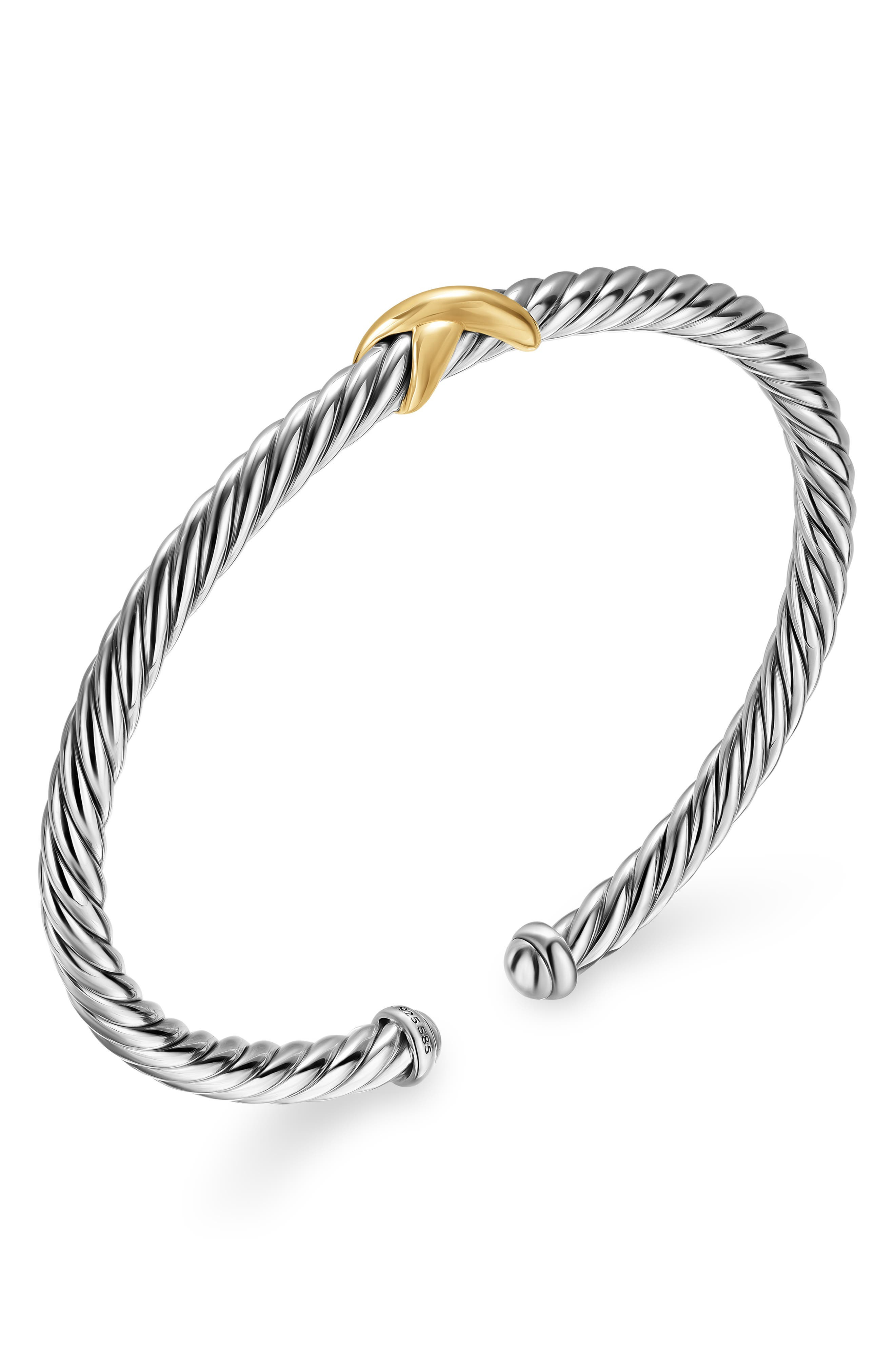David Yurman Cable Flex X Station Bracelet in Sterling Silver with 14K Yellow Gold, 4mm in Silver/Go - 4