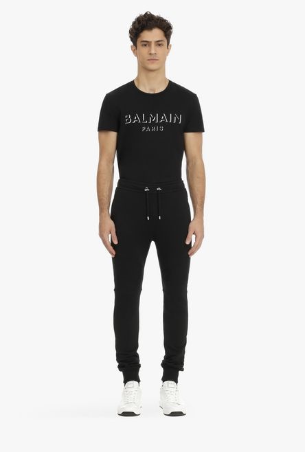 Black eco-designed cotton sweatpants with silver Balmain Paris logo print - 4