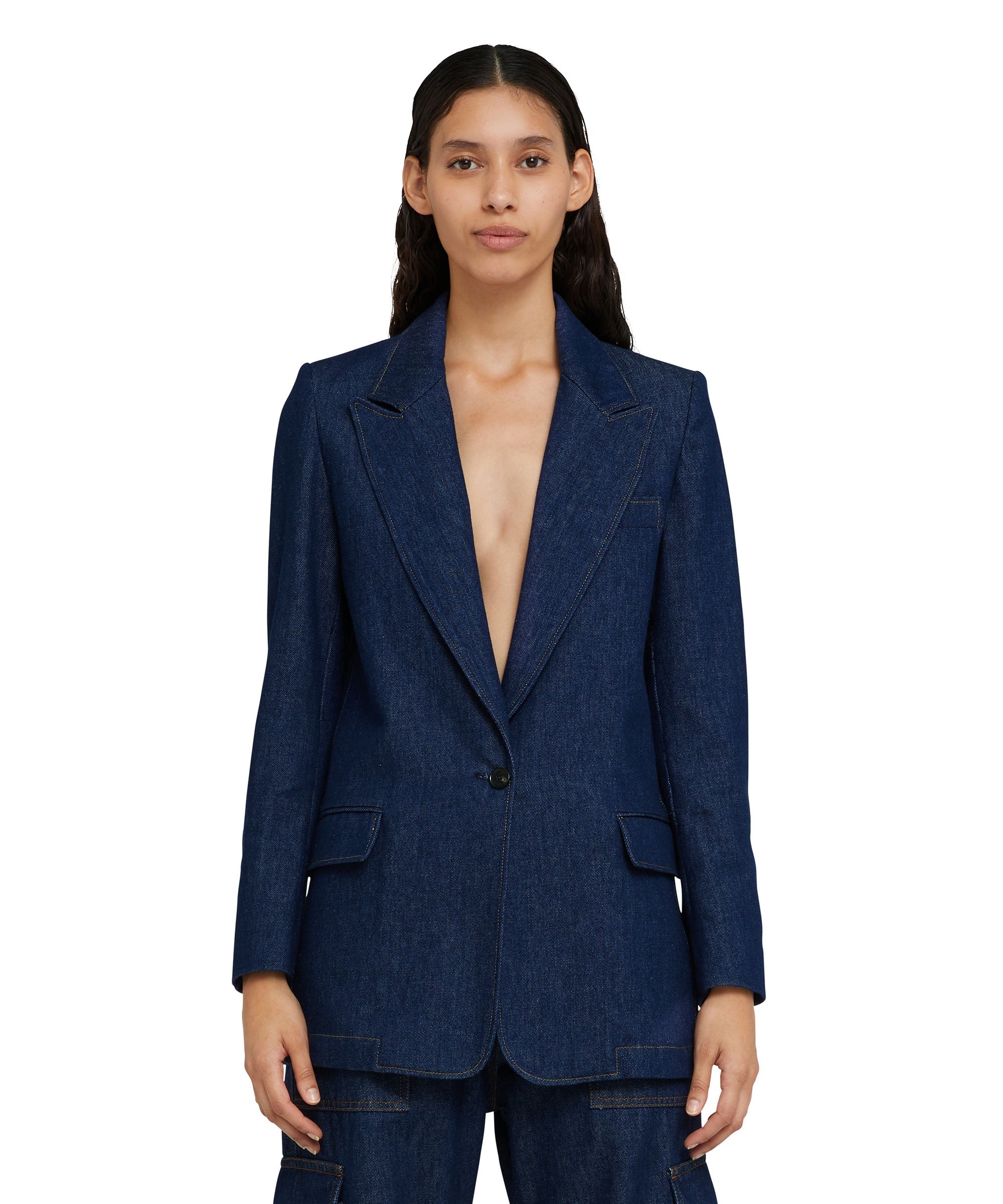 Denim single-breasted blazer with contrasting stitching - 4
